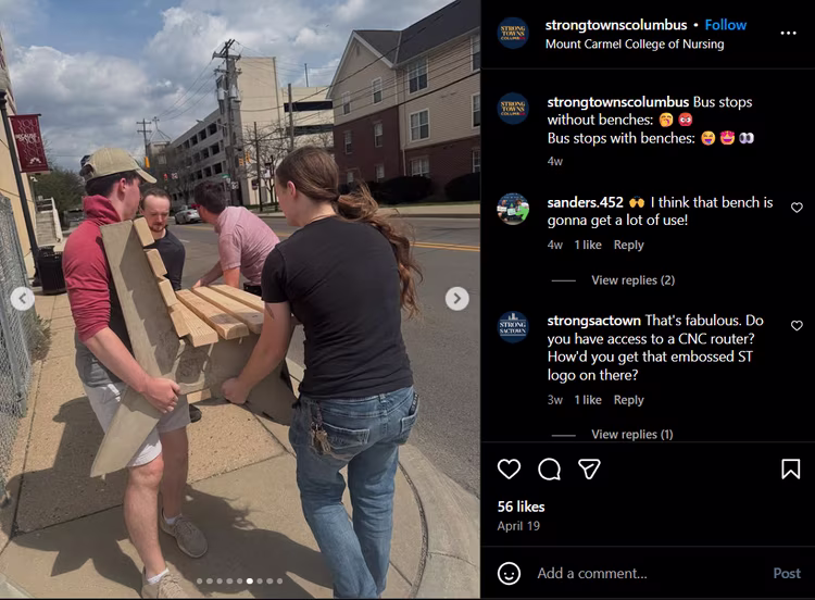Screenshot of Strong Towns Columbus moving their bus bench into place