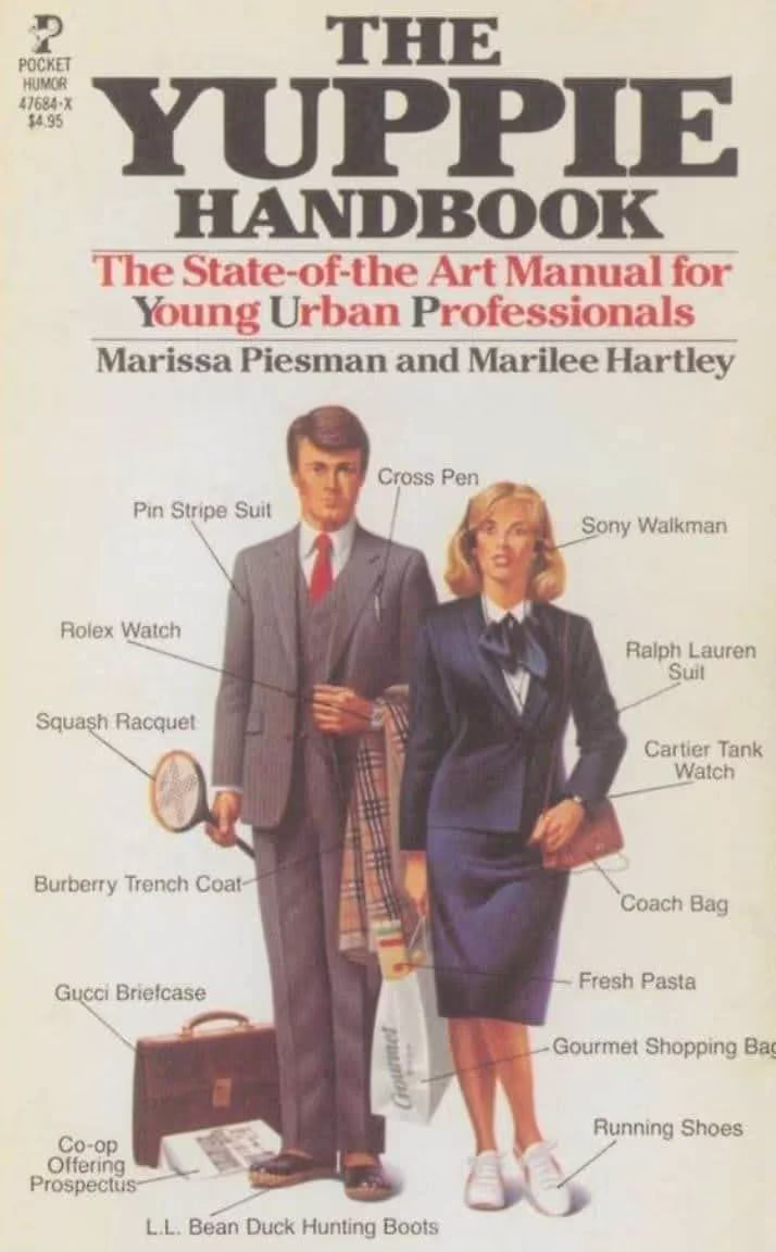 Cover of the Yuppie handbook showing a well dressed couple in designer clothes and accessories