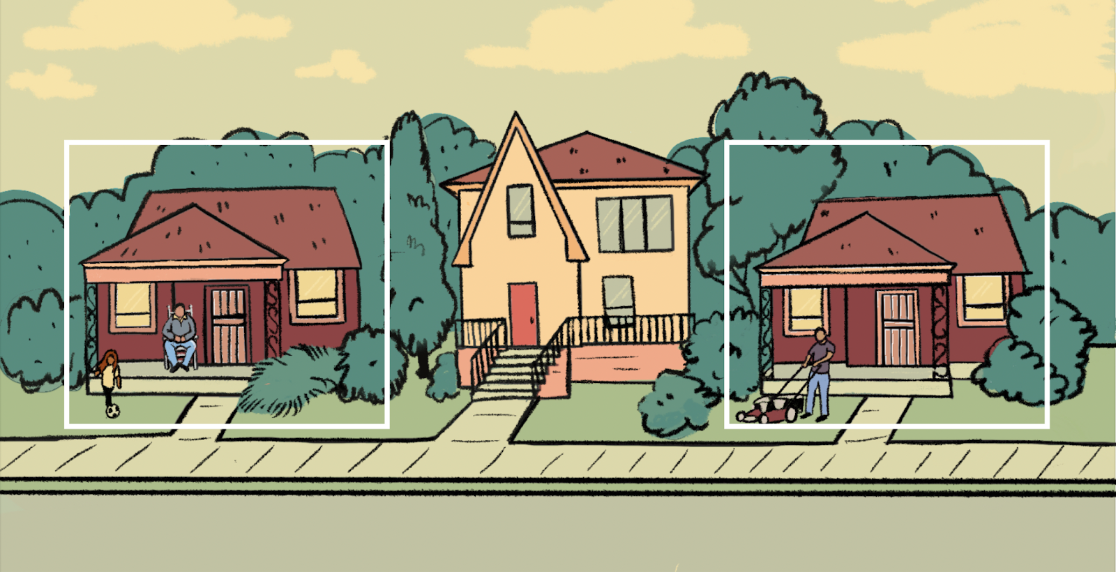 An illustration of three houses. Two are circled that look nearly identical.
