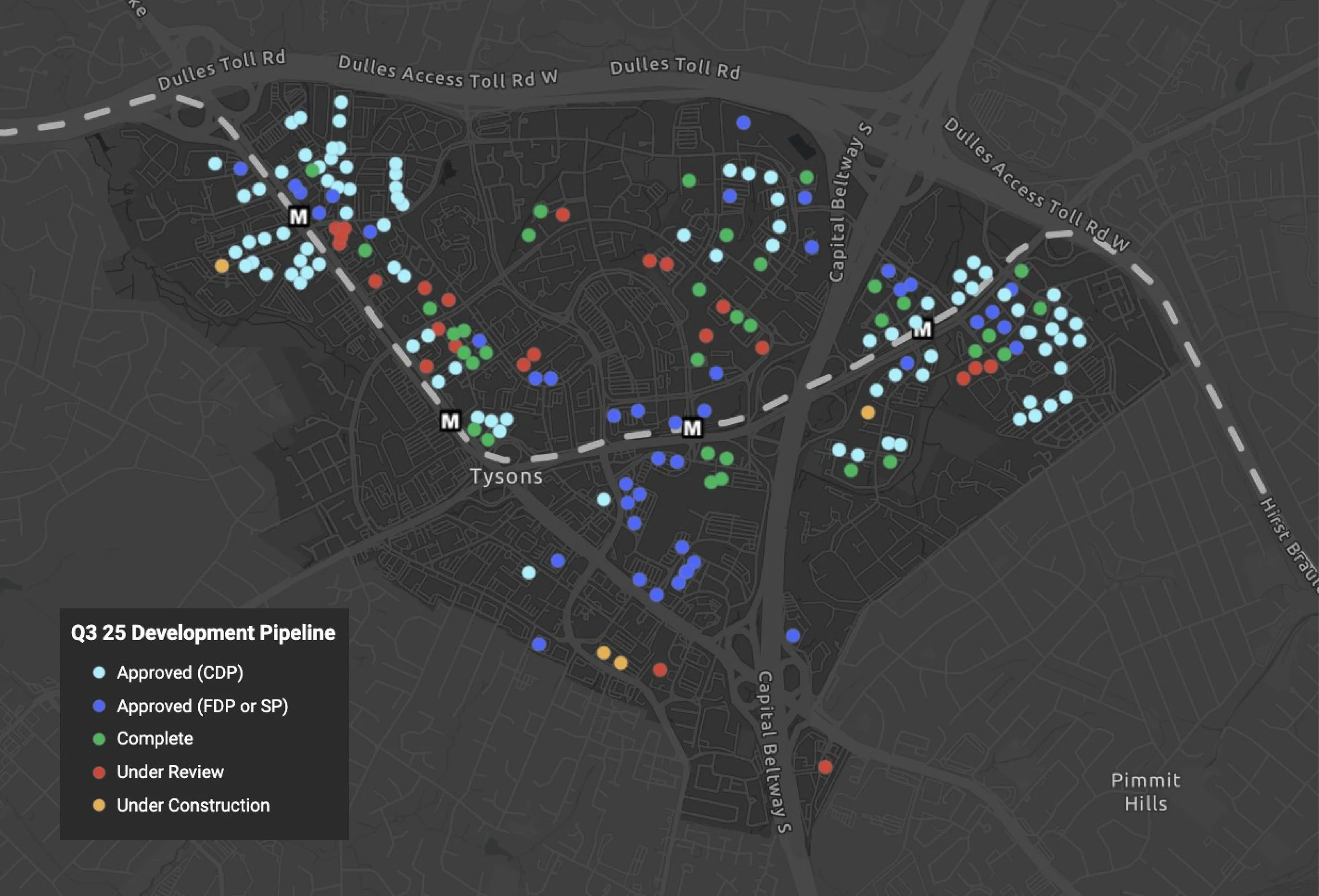 Map of proposed developments in Tysons. The completed projects (green dots) are outnumbered by many more that are still waiting to begin construction or receive approval