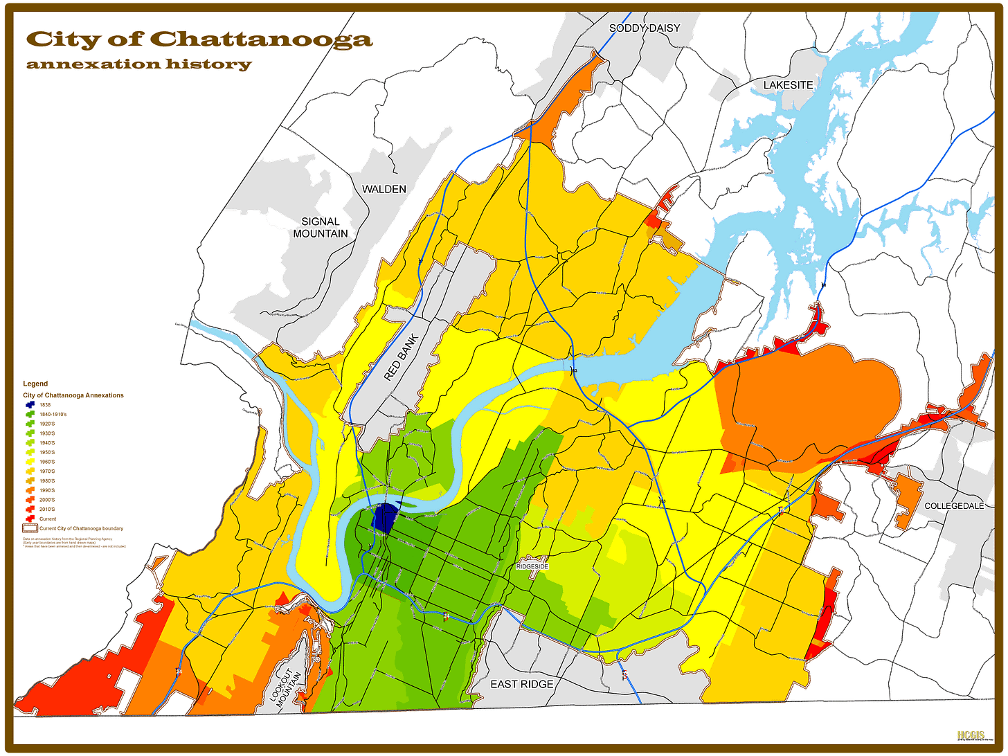 Here's a cool map I found showing the history of annexation in Chattanooga : r/Chattanooga