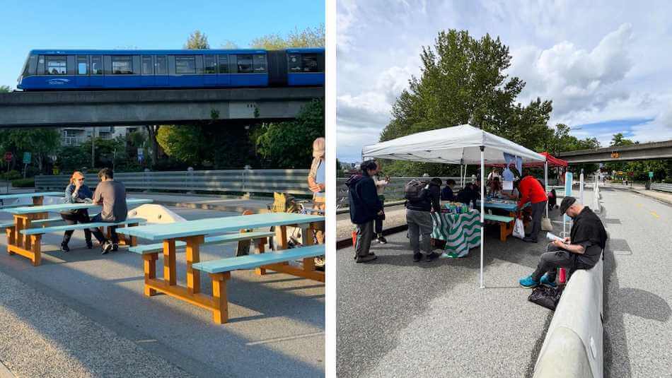Photo of the newly installed picnic benches, barriers, and flexposts on Woodland Bridge
