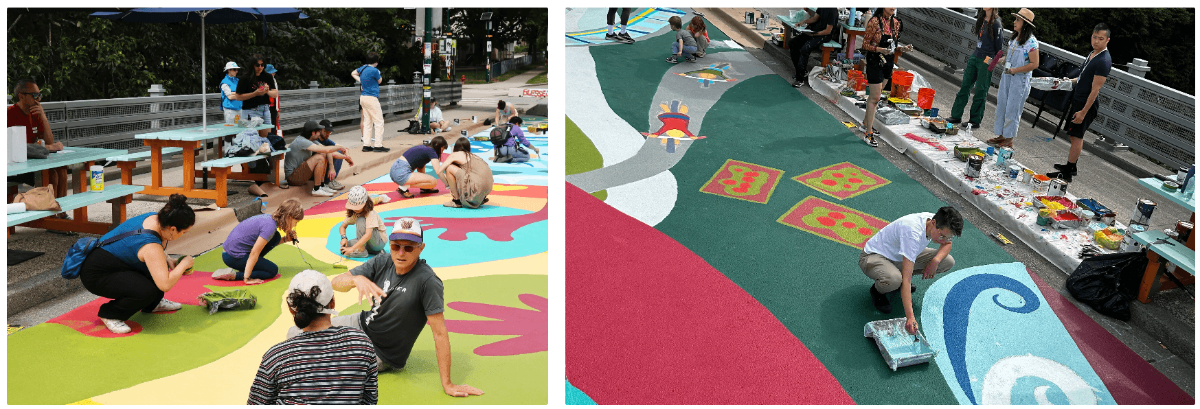 People participating in the neighbourhood paint day on Woodland Bridge
