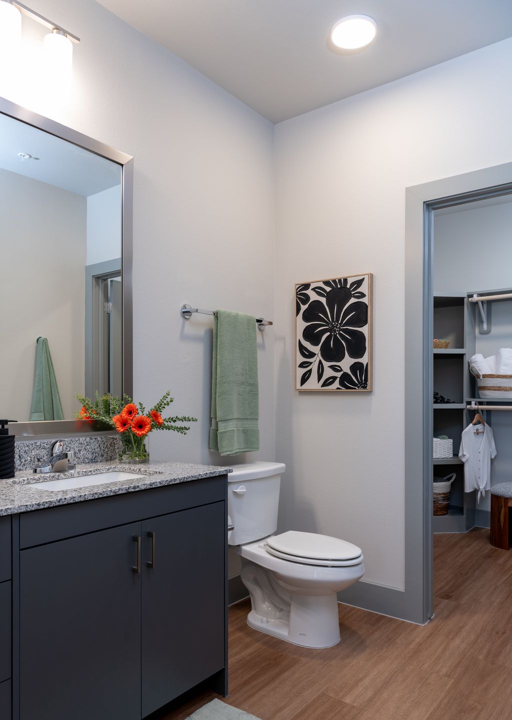 Bathroom with vanit and linen closet