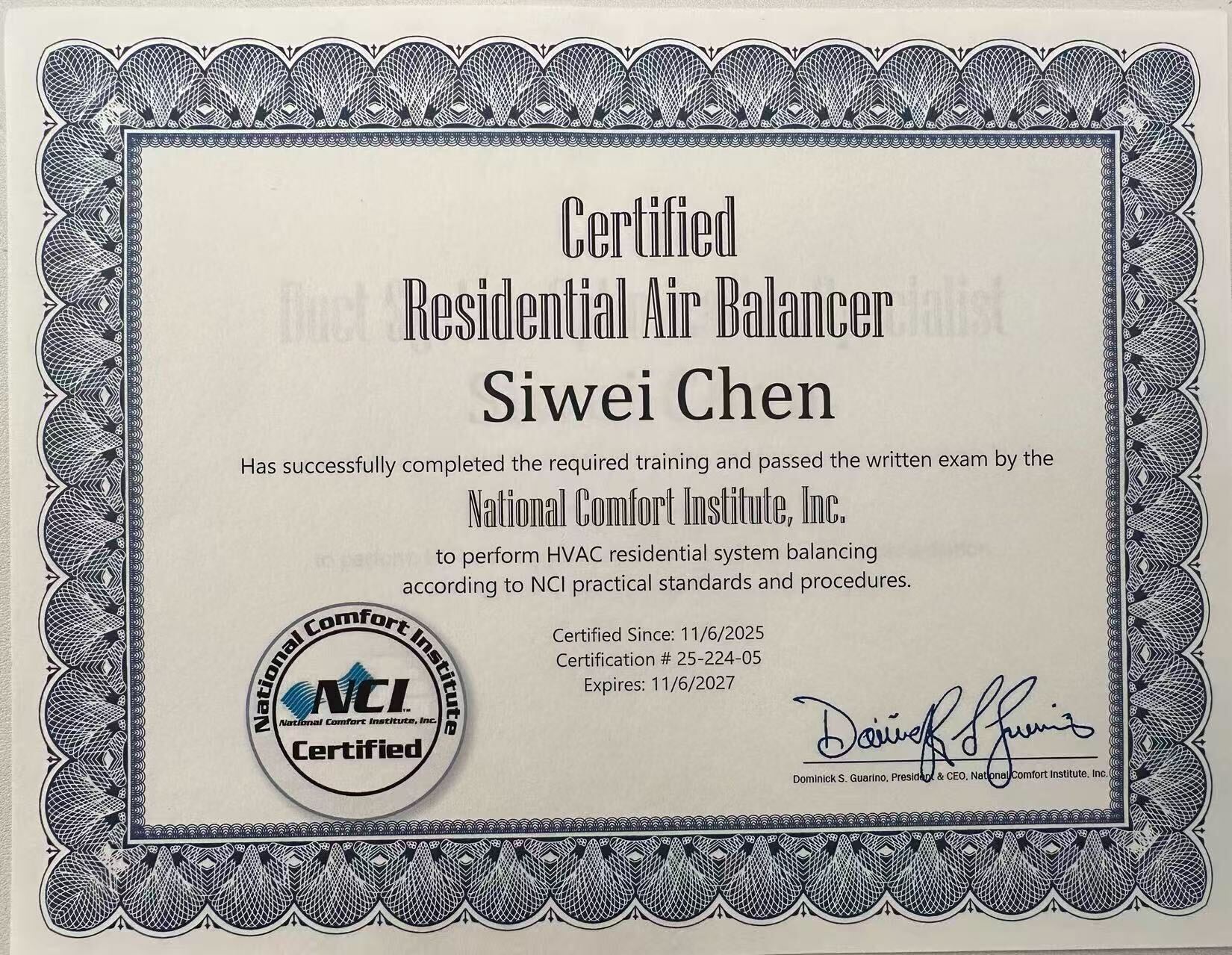 Certification awarded to Siwei Chen as a Certified Residential Air Balancer by National Comfort Institute, Inc., valid from 11/6/2025 to 11/6/2027.