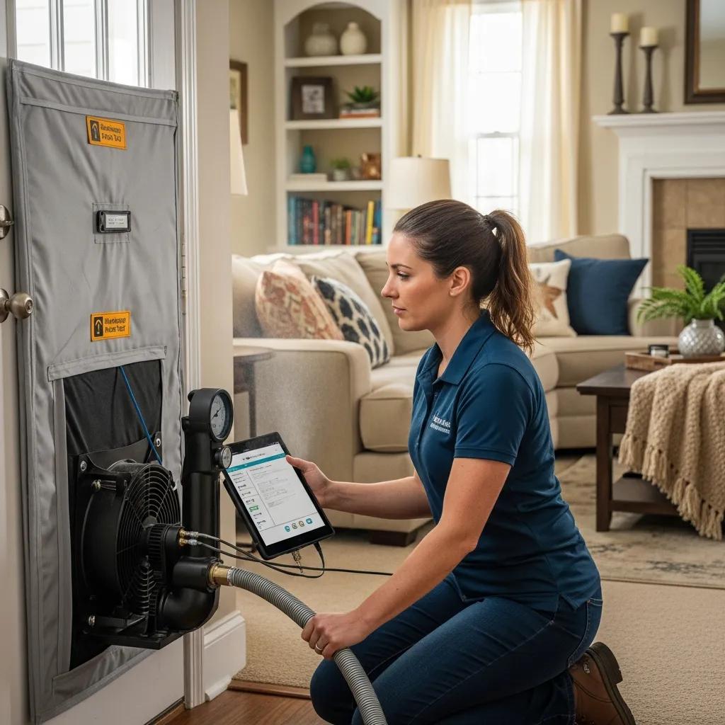 Technician performing a blower-door test during a home energy audit