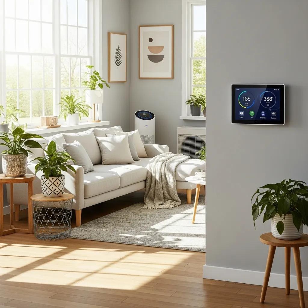 Living room showcasing a smart thermostat and an energy-efficient HVAC setup