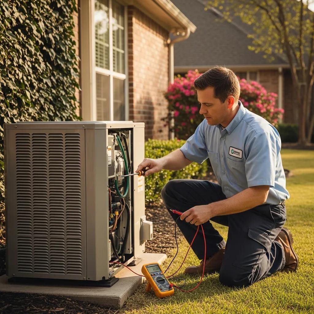 Greentech technician inspecting a heat pump inside a Dallas–Fort Worth home