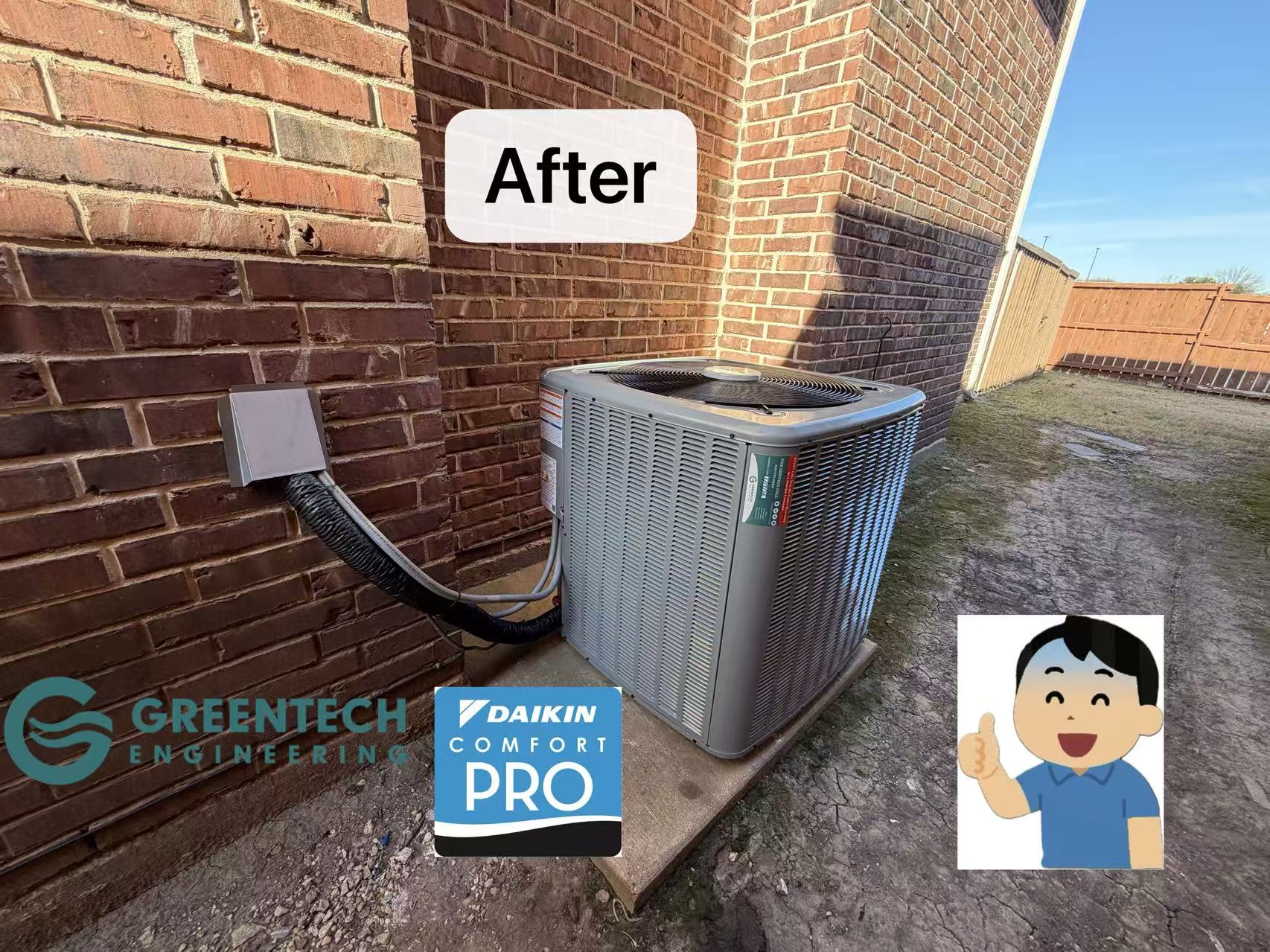 Newly installed Daikin 14.3 SEER2 heat pump outdoor unit on concrete pad in Forney, TX 75126, installed by Greentech Engineering to replace an aging Carrier system.
