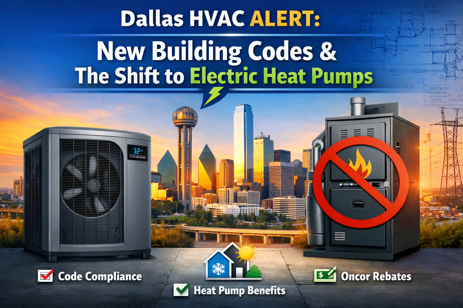 Dallas HVAC building code update showing electric heat pump replacing gas furnace under 2026 energy regulations