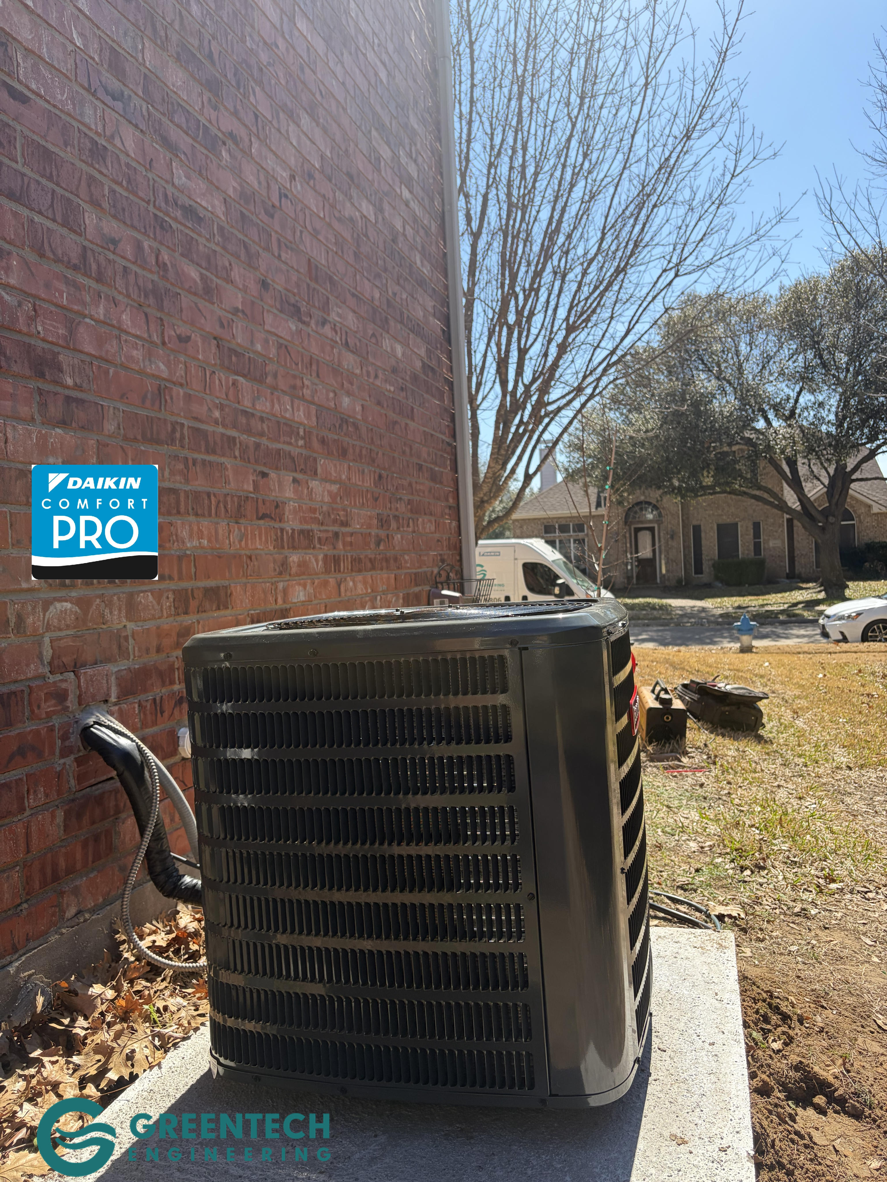 Plano TX 75025 Goodman 15.2 SEER2 air conditioner and 80% AFUE gas furnace replacement installed by Greentech Engineering with Oncor energy incentive