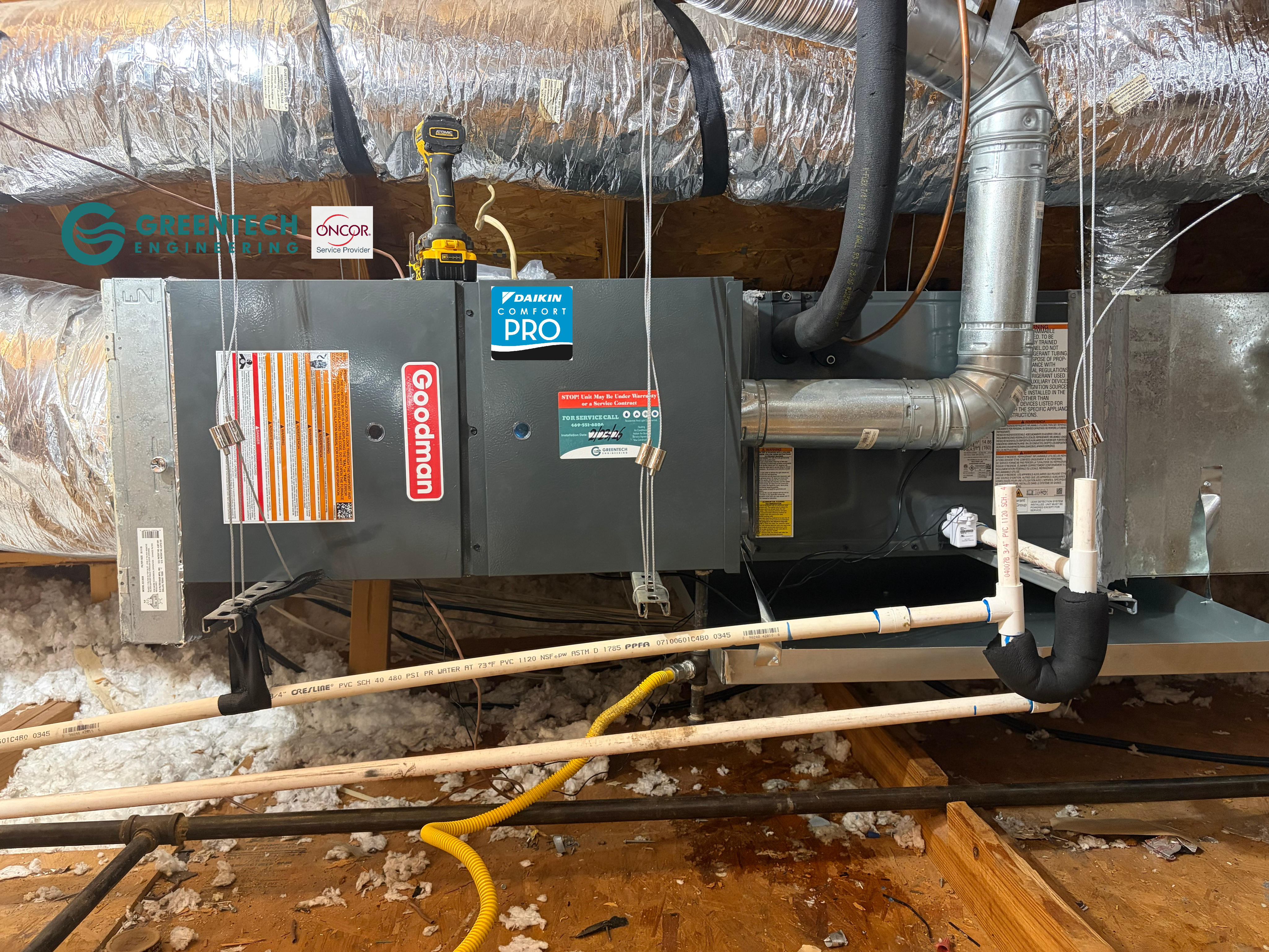 Plano TX 75025 Goodman 15.2 SEER2 air conditioner and 80% AFUE gas furnace replacement installed by Greentech Engineering with Oncor energy incentive