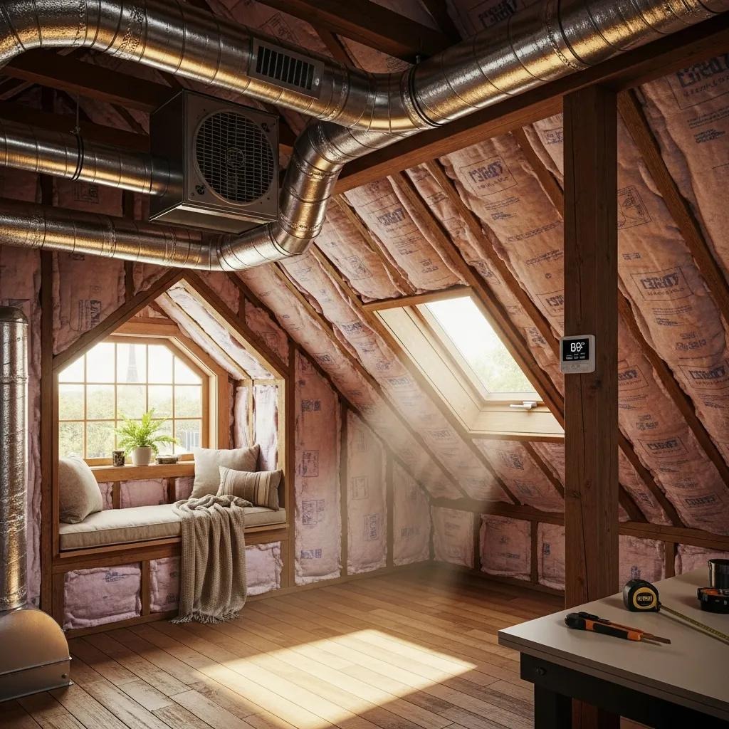 Cozy attic with insulation materials and ventilation systems enhancing HVAC efficiency