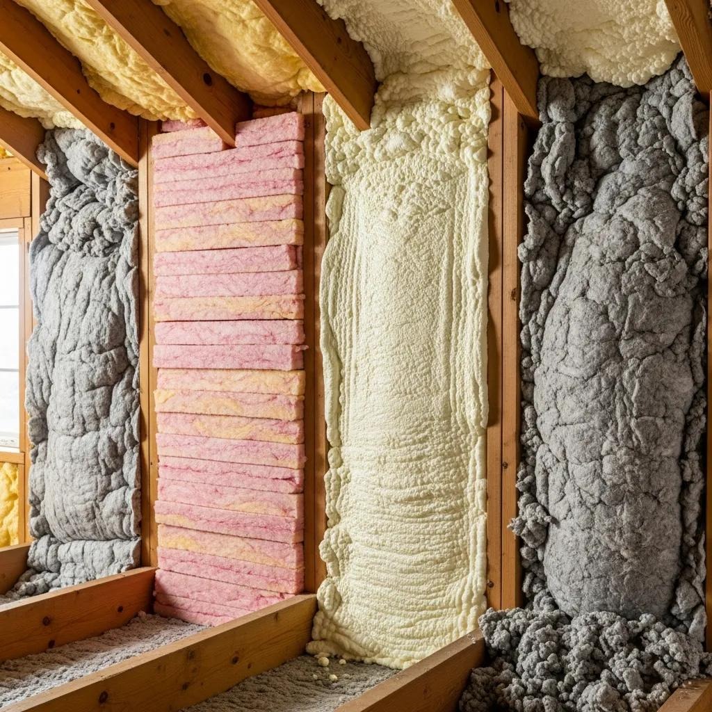 Display of various attic insulation materials including fiberglass, spray foam, and cellulose