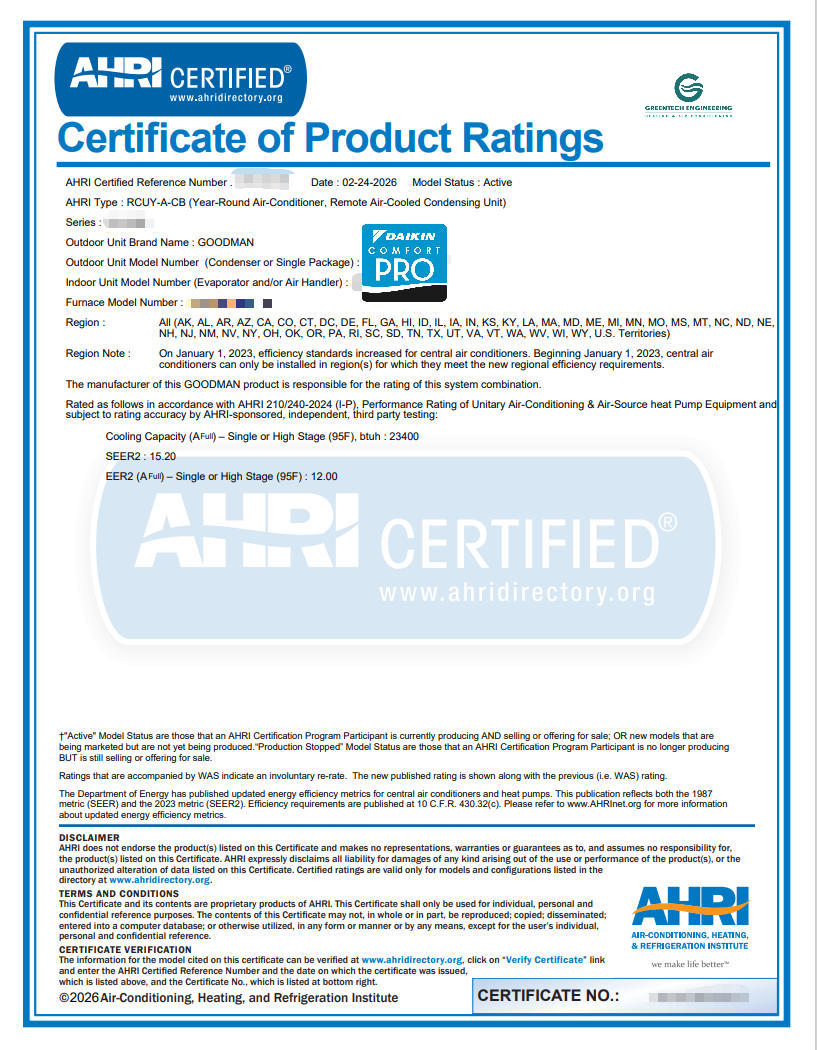 AHRI Certificate of Product Ratings proving the newly installed Goodman HVAC system achieves a 15.2 SEER2 efficiency rating
