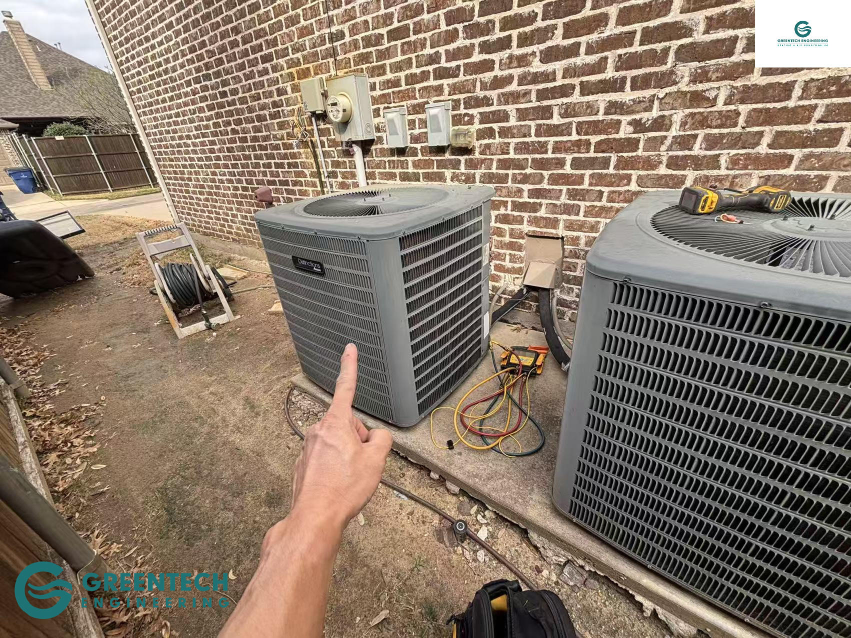 An aging, inefficient AC condenser outside a single-family home in Little Elm, TX prior to a full system replacement.