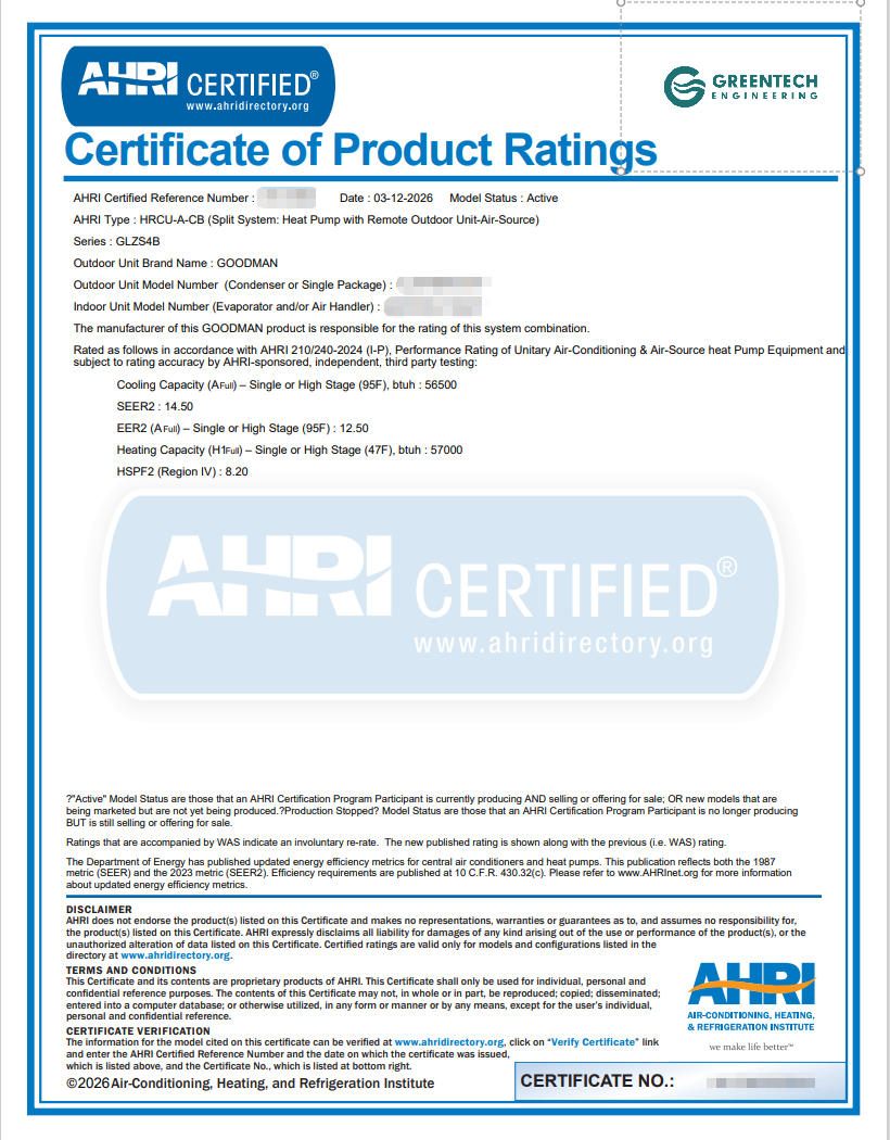 AHRI Certificate proving SEER2 and HSPF2 ratings for Goodman Heat Pump installation.