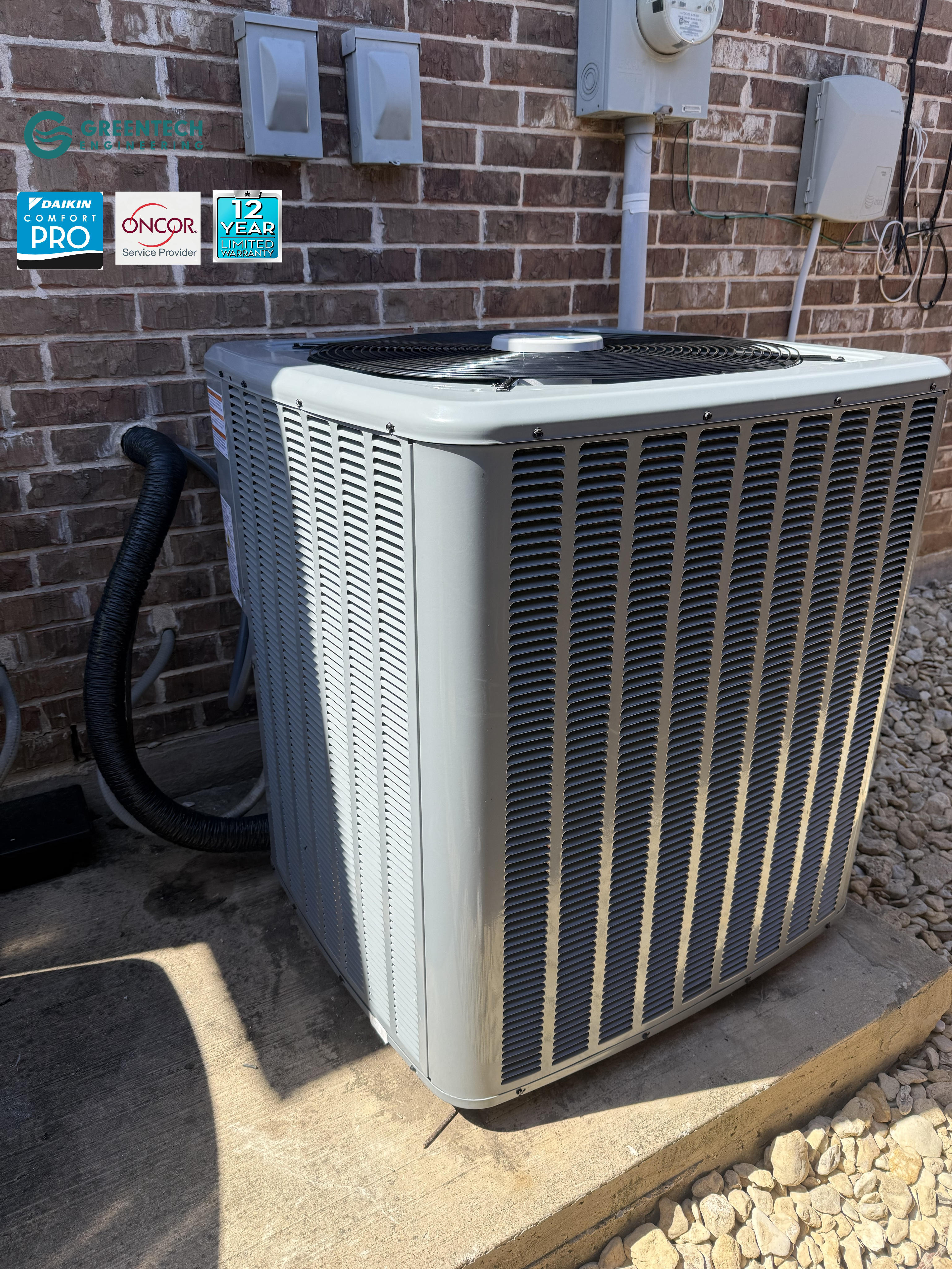 Fully installed Daikin 5-Ton 14.5 SEER2 air conditioner condenser outside a brick home with Daikin Comfort Pro and Oncor Service Provider trust badges.