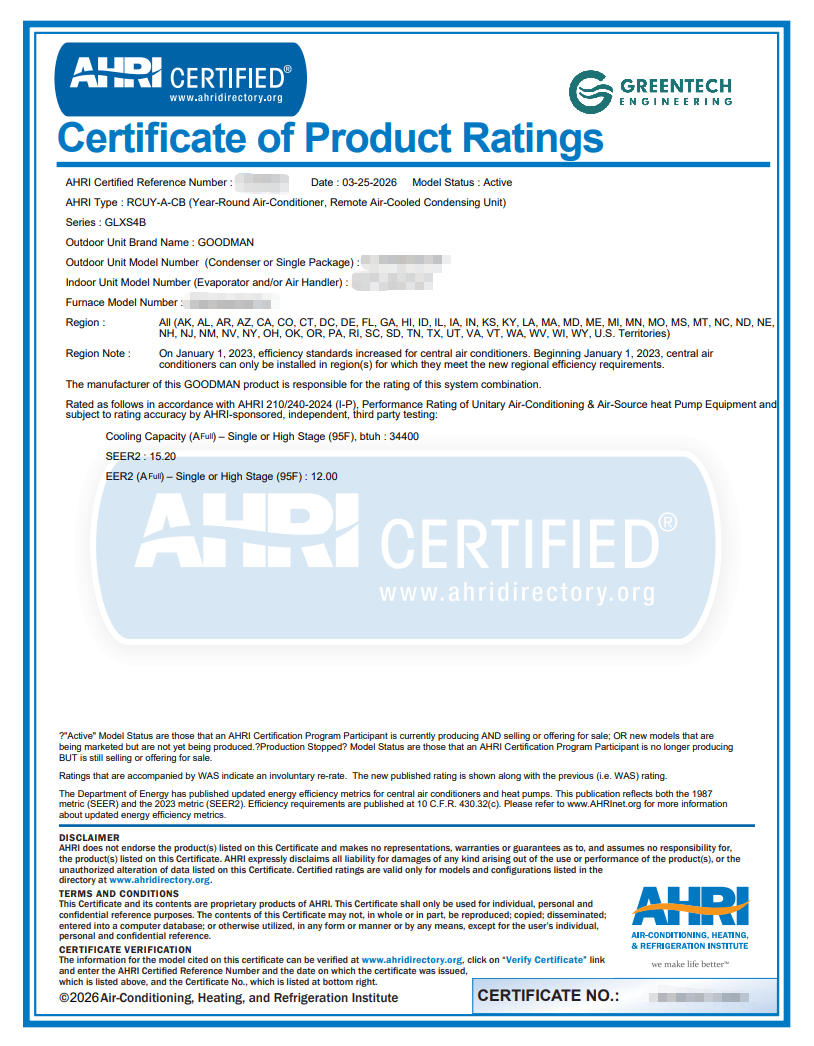 Official AHRI Certificate of Product Ratings proving the Greentech Engineering Goodman HVAC installation achieves 15.20 SEER2 and 12.00 EER2 performance.