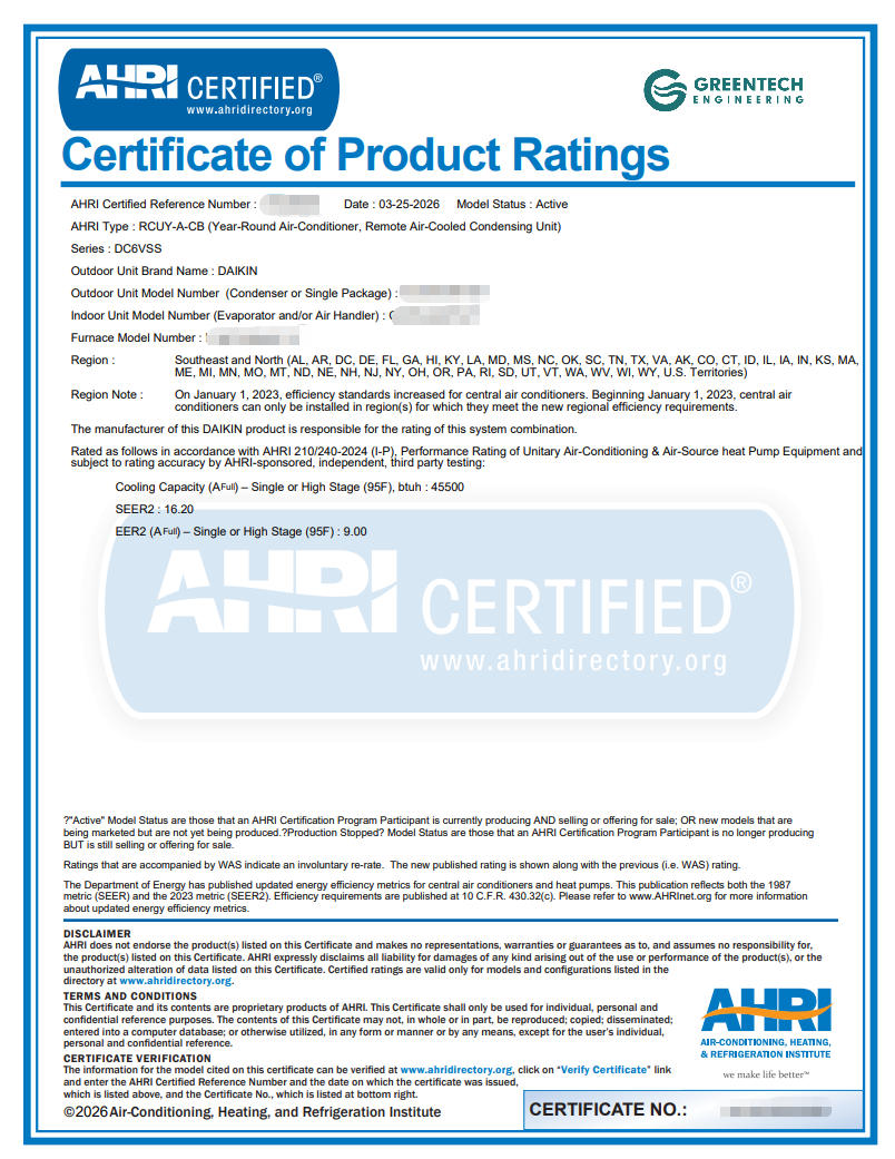 Official AHRI Certificate of Product Ratings proving the newly installed 4-Ton Daikin FIT system in Southlake, TX achieves a 16.20 SEER2 efficiency rating