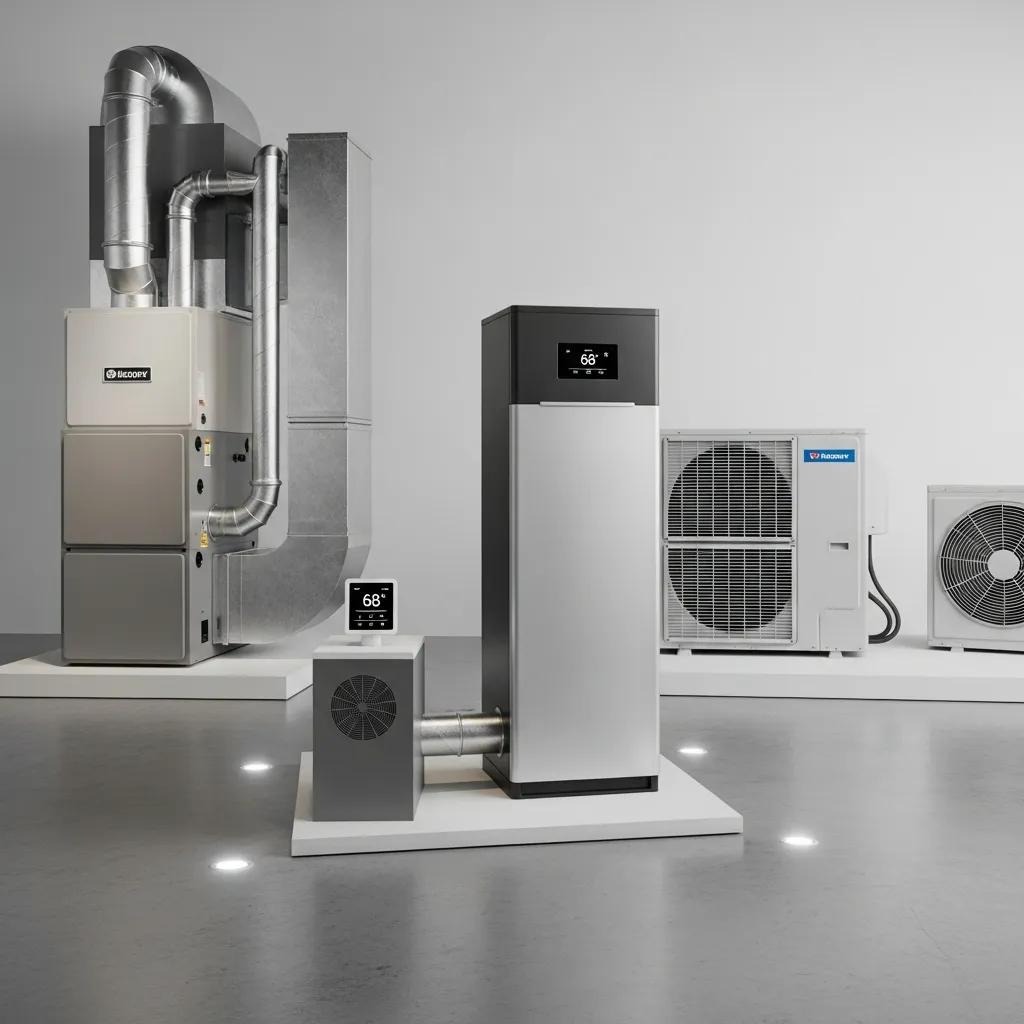 Showroom display of energy-efficient HVAC systems including heat pumps and smart thermostats