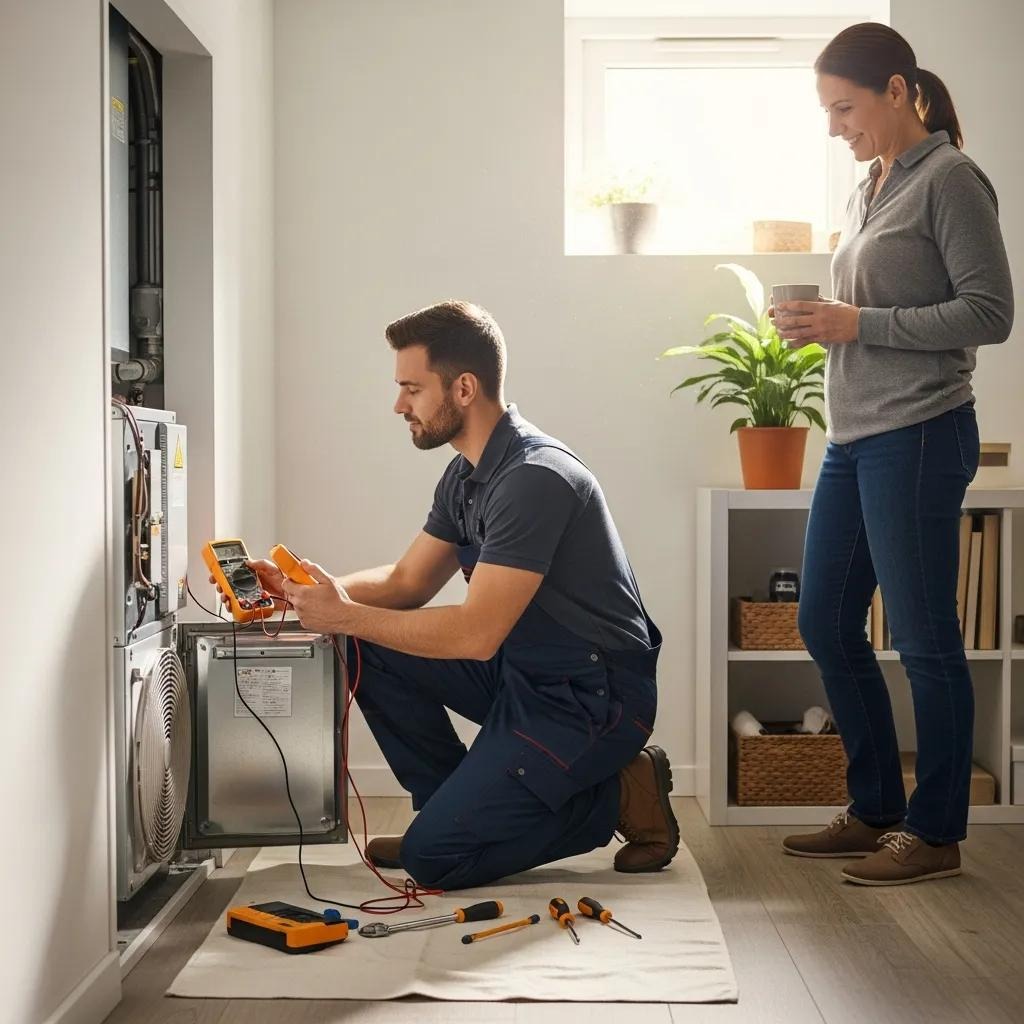 Technician performing HVAC maintenance in a home, highlighting effective maintenance plans