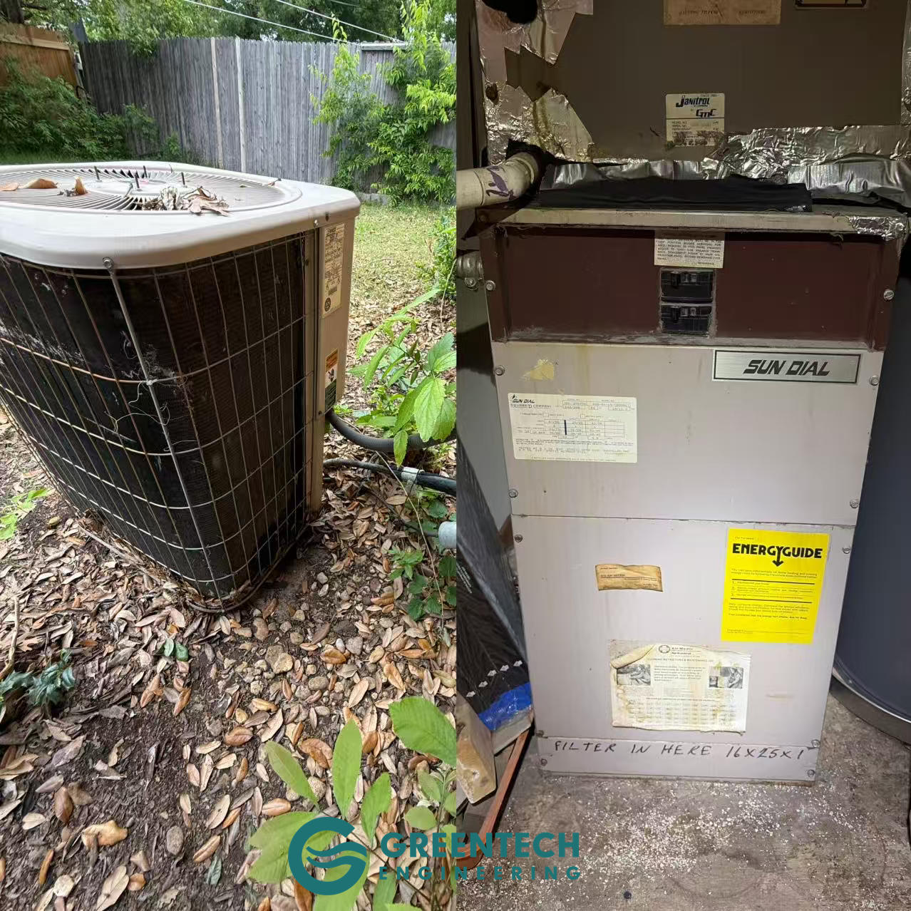 A side-by-side comparison image featuring an outdated, weathered round outdoor AC condenser unit (left) and an equally aged, dusty indoor attic furnace and air handler unit (right). Both units appear inefficient and worn, representative of the system prior to its comprehensive replacement.