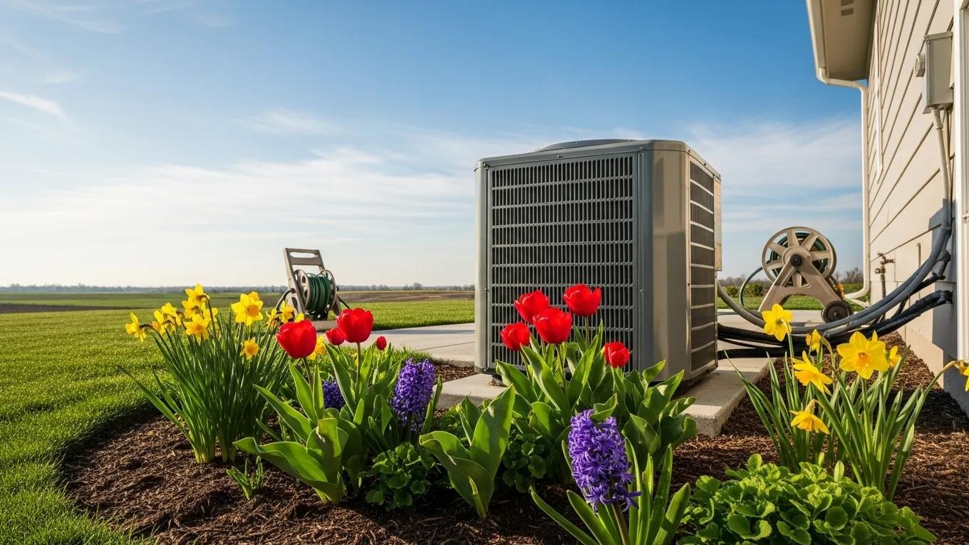 Air conditioning unit in a sunny backyard with blooming flowers, symbolizing spring preparation for summer