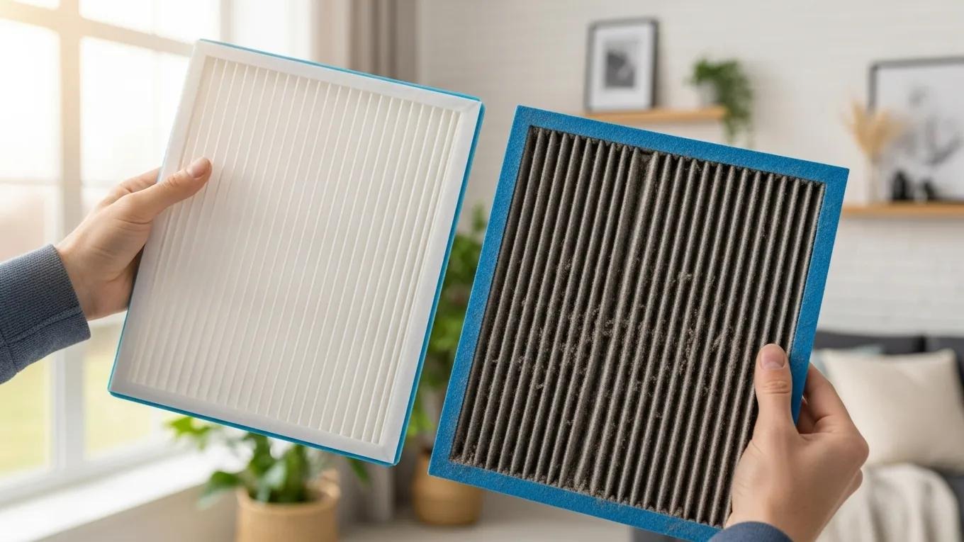 Homeowner holding a clean air filter next to a dirty one, highlighting the importance of filter replacement for indoor air quality