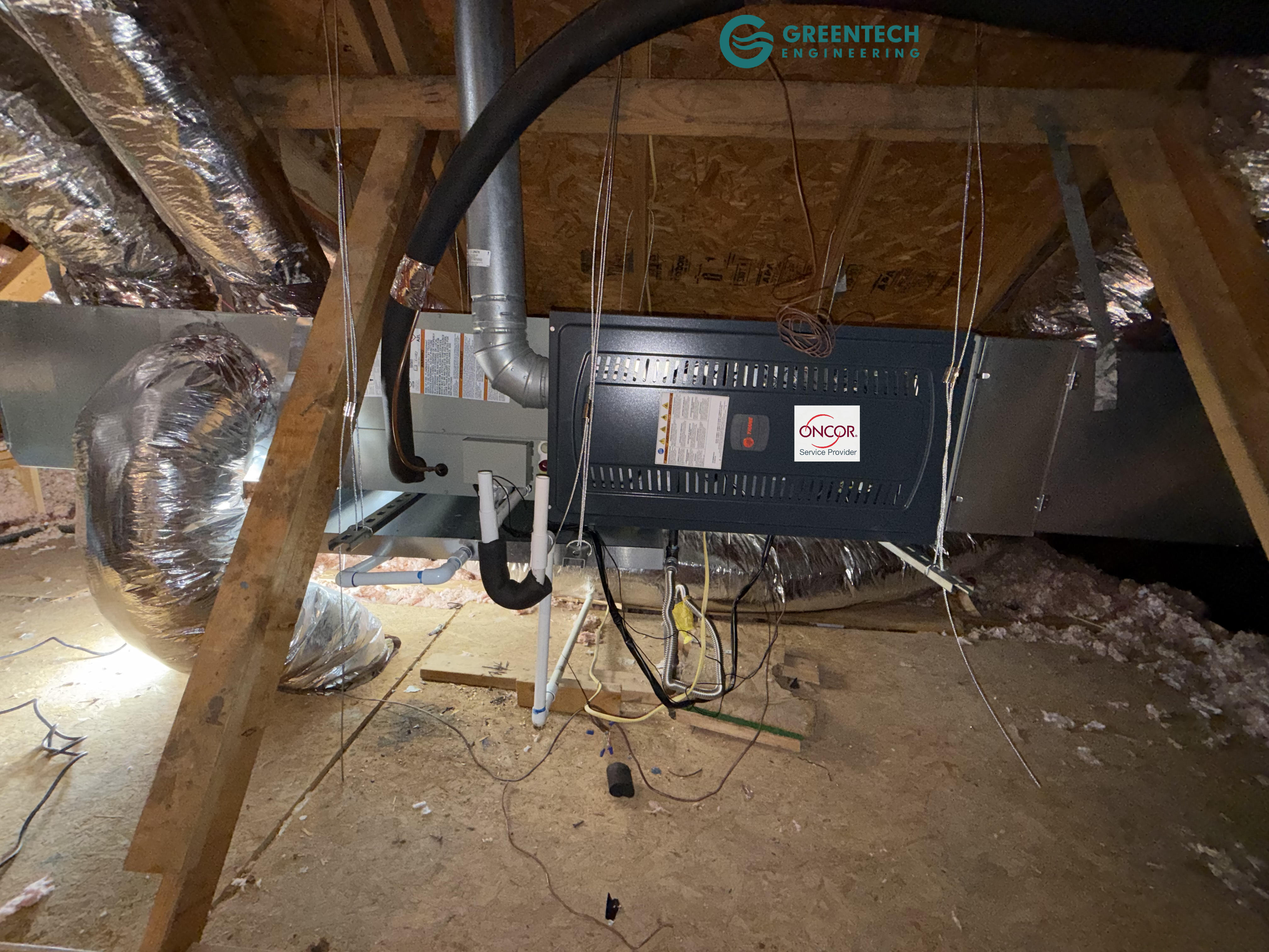 A brand new Trane 80% AFUE horizontal gas furnace and cased evaporator coil installed cleanly in an Allen residential attic, featuring the Oncor Service Provider badge.