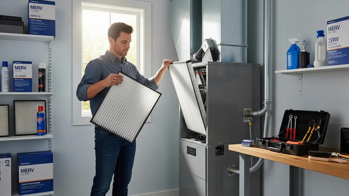 Homeowner inspecting high-efficiency air filter, emphasizing energy-efficient ventilation practices