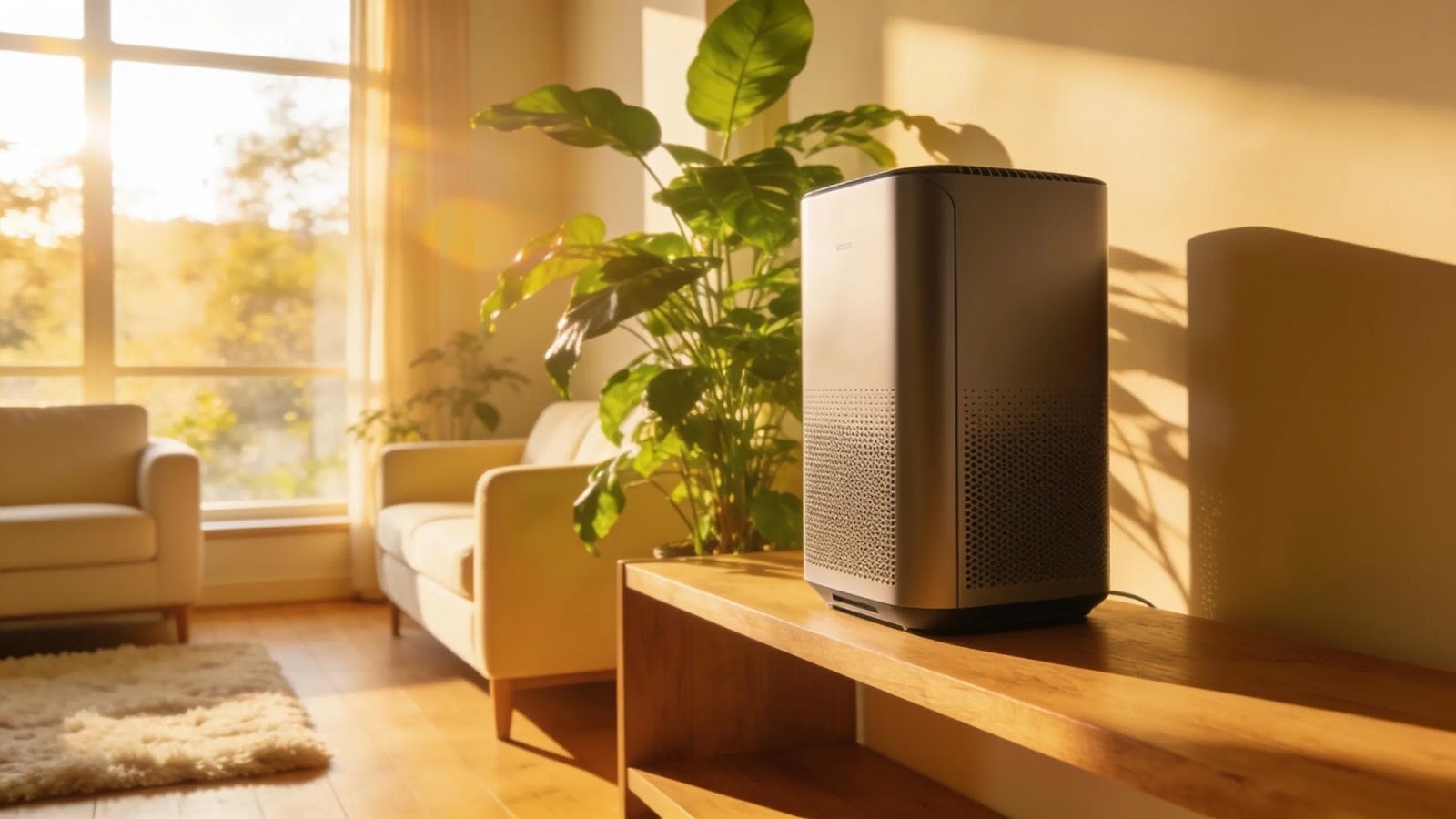Modern air purifier in a sunlit living room promoting better indoor air quality and health