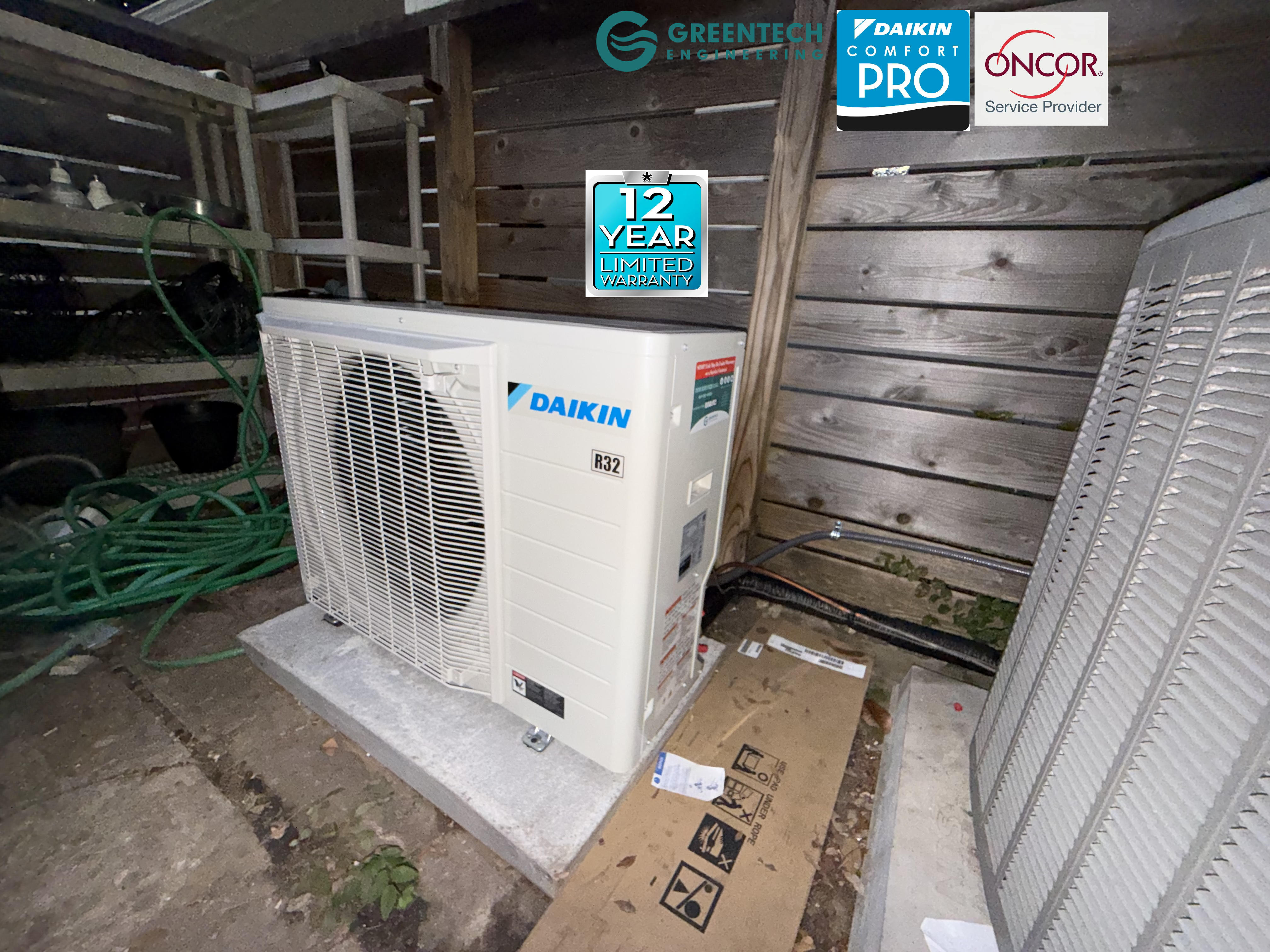 A newly installed, ultra-efficient Daikin Fit 2.5-Ton side-discharge variable-speed air conditioning condenser on a clean concrete pad in Fort Worth, TX 76116.