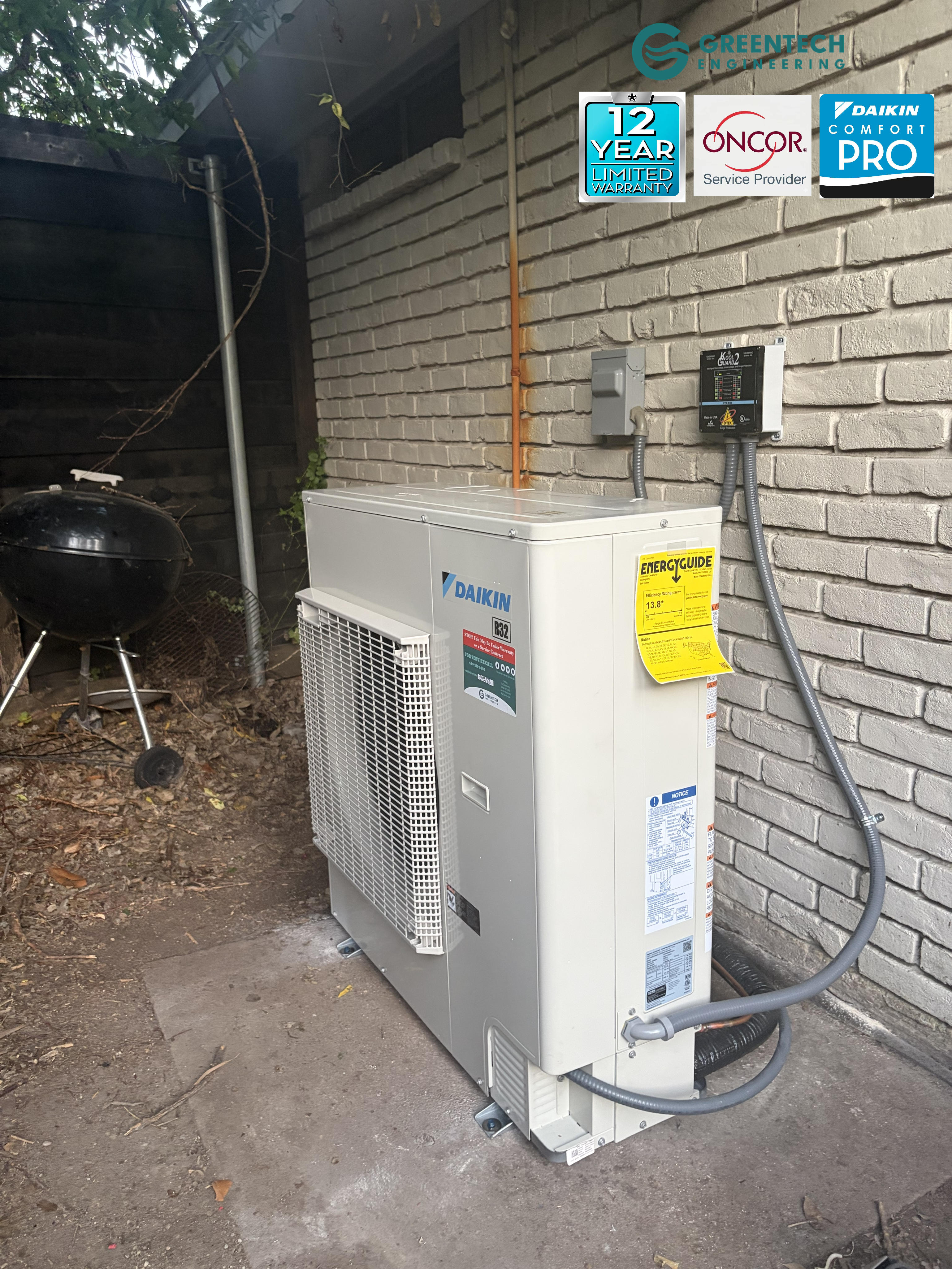 A pristine Daikin Fit 5-Ton variable-speed air conditioning condenser installed on a concrete pad in Dallas, TX, featuring a newly mounted 220V voltage monitor and surge protector on the exterior brick wall.