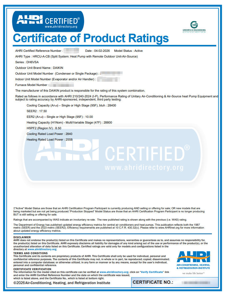 An official AHRI Certificate of Product Ratings verifying high-efficiency SEER2 performance, required for Oncor rebates.