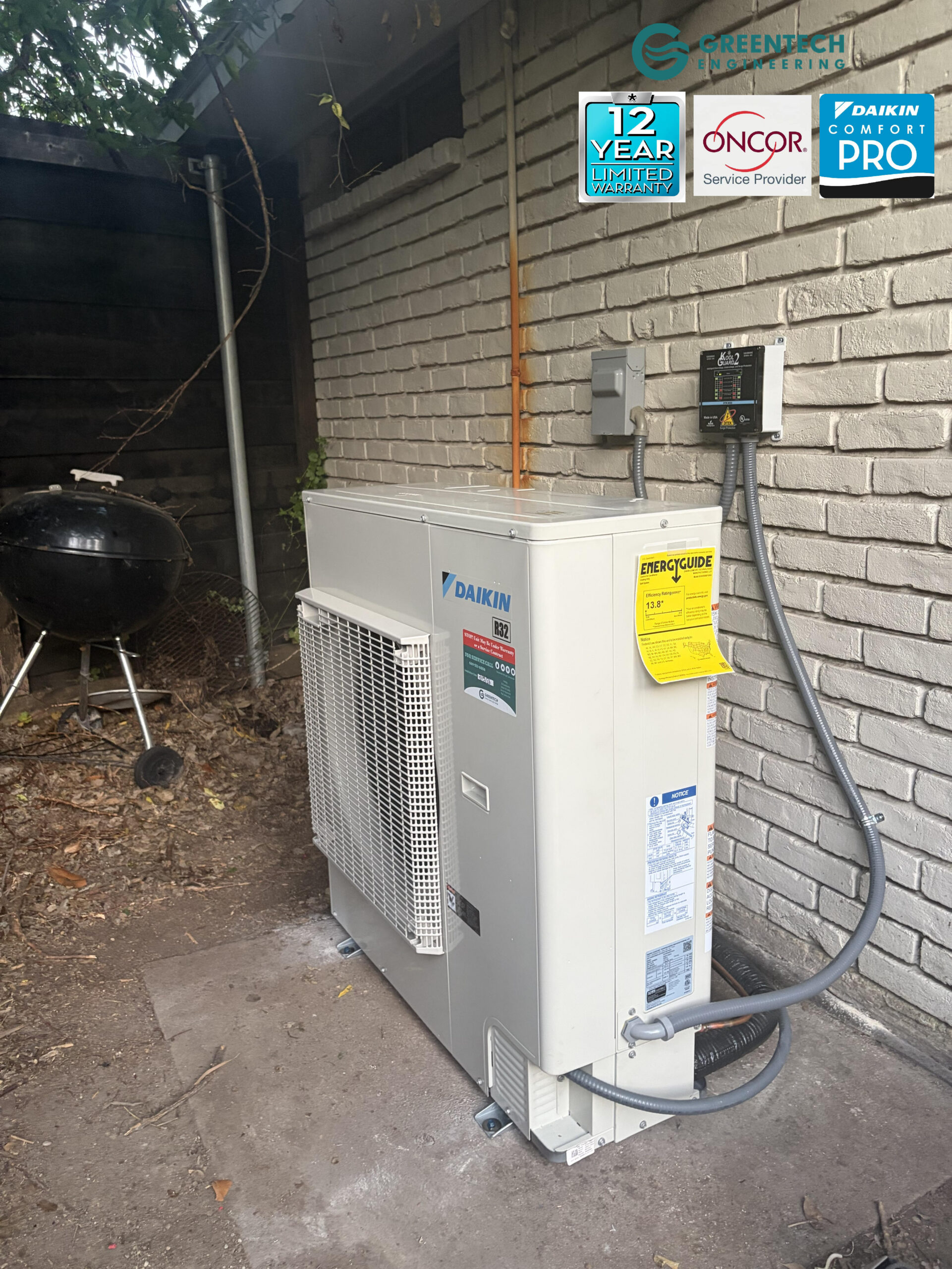 A pristine Daikin Fit 5-Ton variable-speed air conditioning condenser installed on a concrete pad in Dallas, TX, featuring a newly mounted 220V voltage monitor and surge protector on the exterior brick wall.