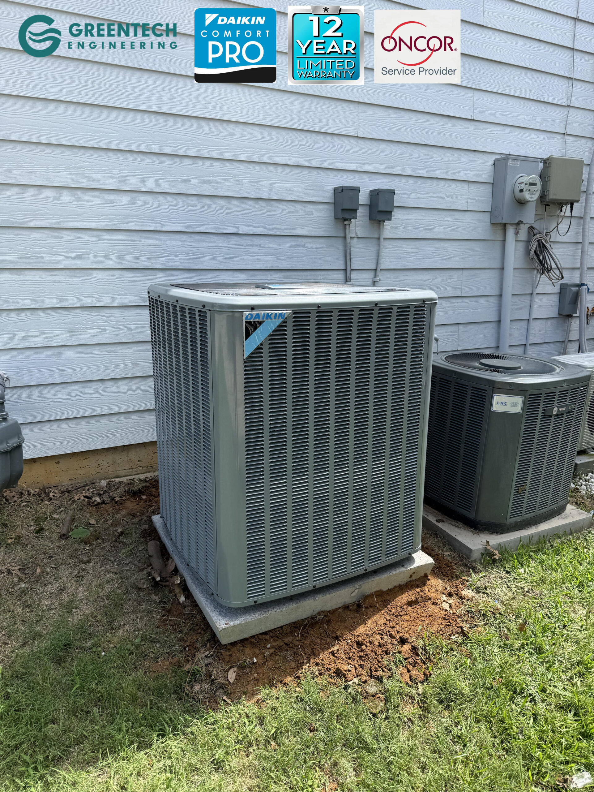 A pristine Daikin 17.2 SEER2 two-stage condenser installed on a leveled concrete pad in Allen, TX, featuring Oncor and Daikin Comfort Pro badges.