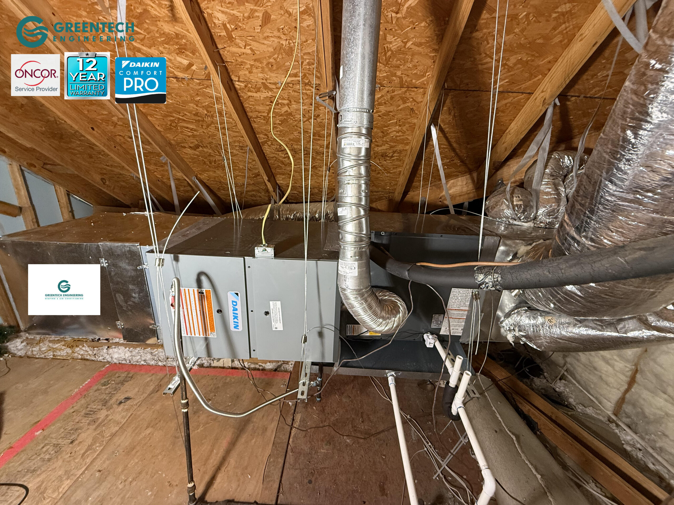 A brand new, highly efficient Daikin two-stage gas furnace and evaporator coil cleanly suspended in an Allen attic, featuring custom insulated plenums and a 4-inch filter combo box.