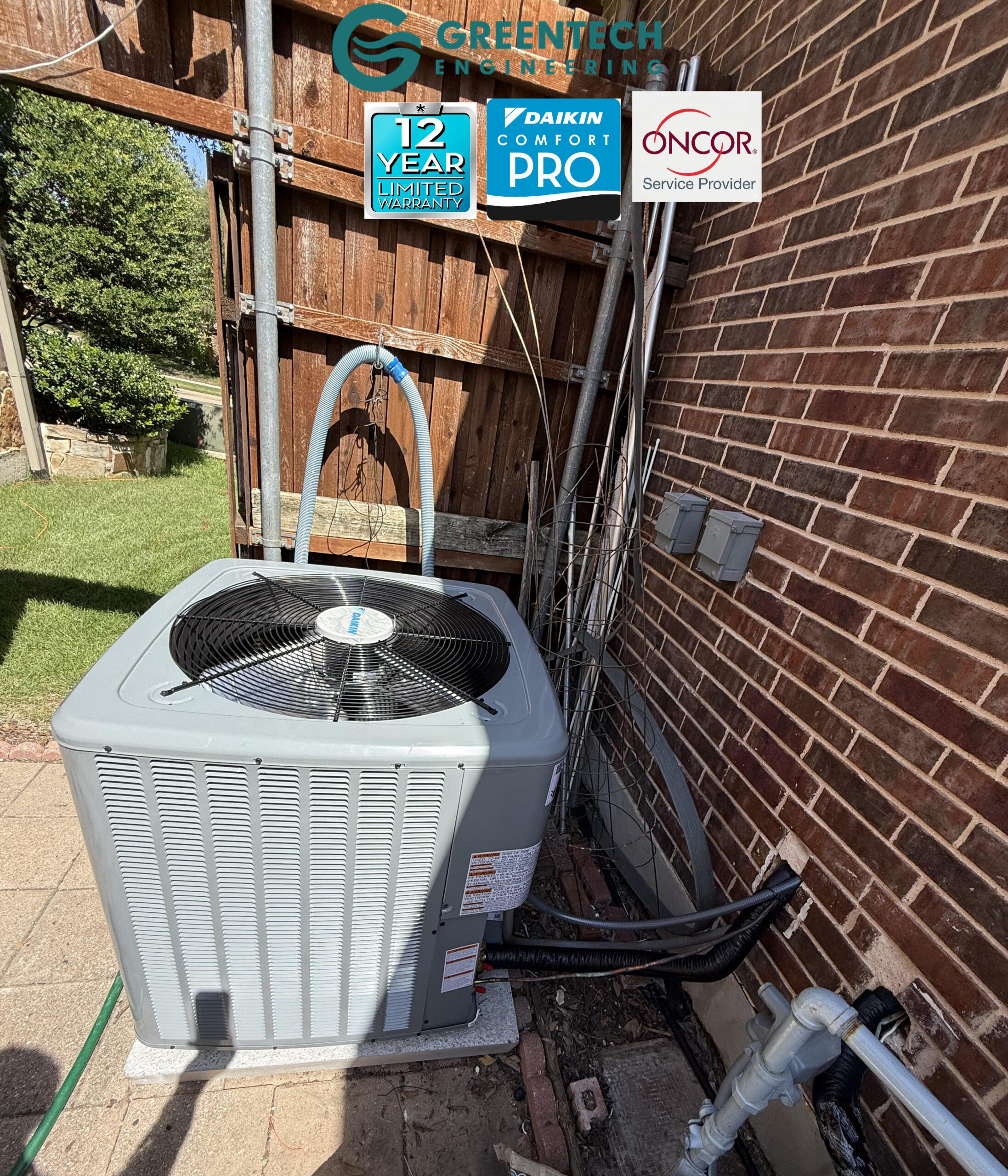 A newly installed Daikin 4-Ton 15.2 SEER2 air conditioning condenser on a clean concrete pad in Allen, TX.