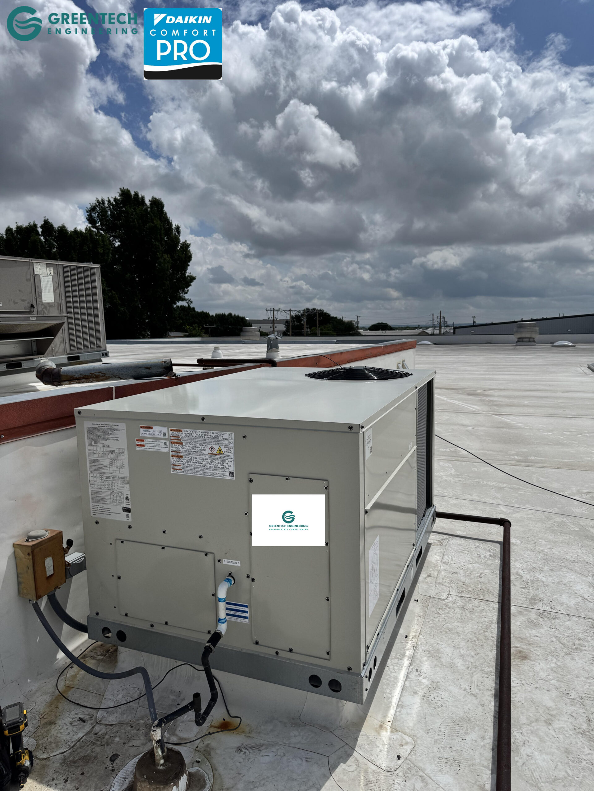 A pristine, newly installed Daikin 5-Ton Gas/Electric Package System (RTU) sitting perfectly leveled on a commercial flat roof in Arlington, Texas.