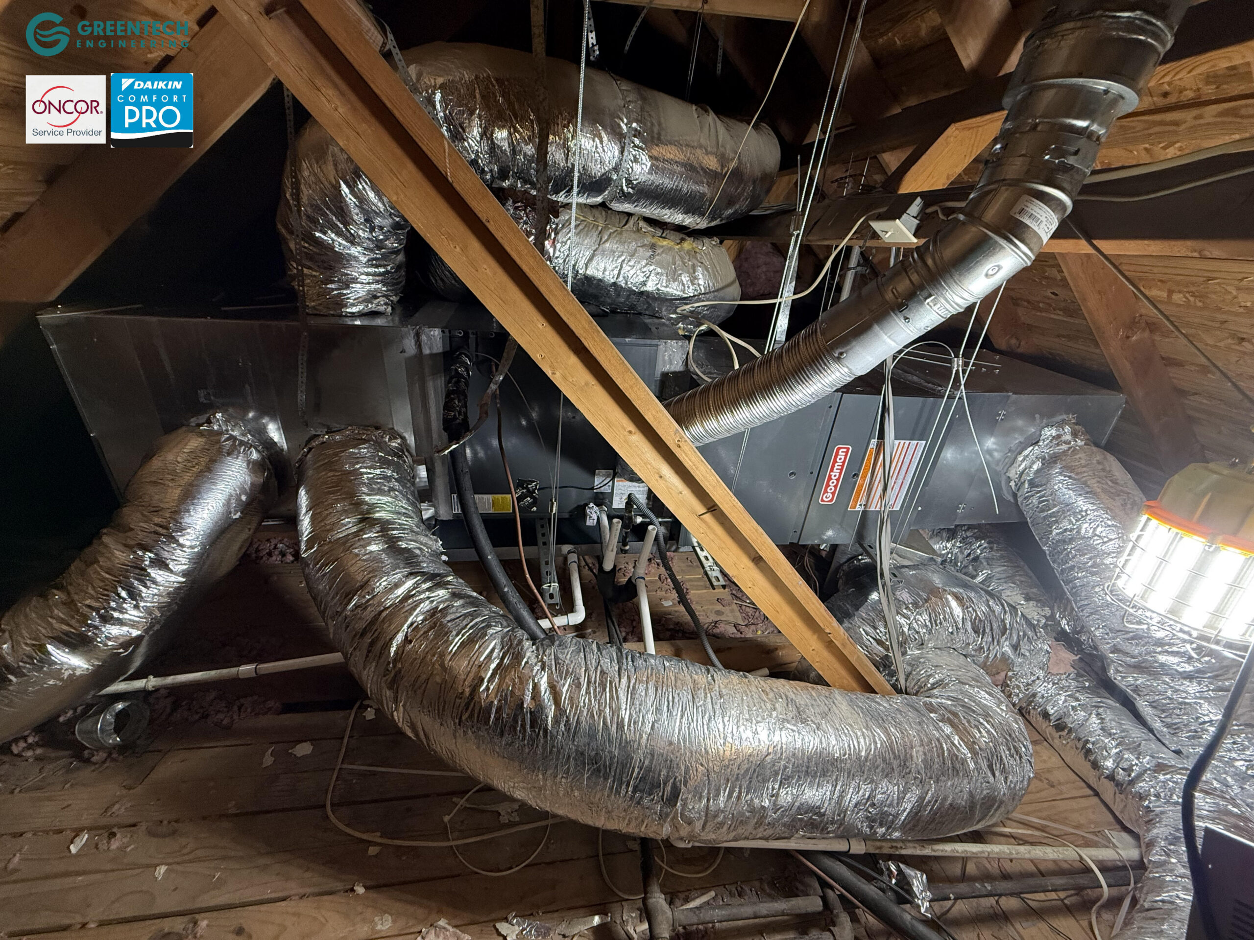 A newly installed, highly efficient Daikin indoor gas furnace and cased coil system with properly sealed ductwork in a Dallas residential attic.