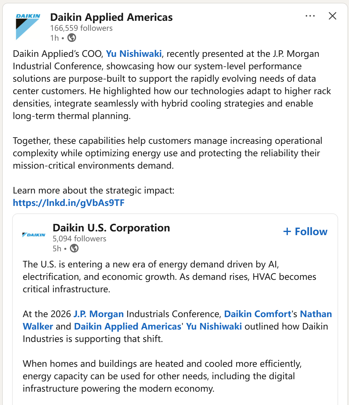 Screenshot of Daikin Applied Americas LinkedIn post discussing the J.P Morgan Industrial Conference, AI energy demand, and HVAC as critical infrastructure.
