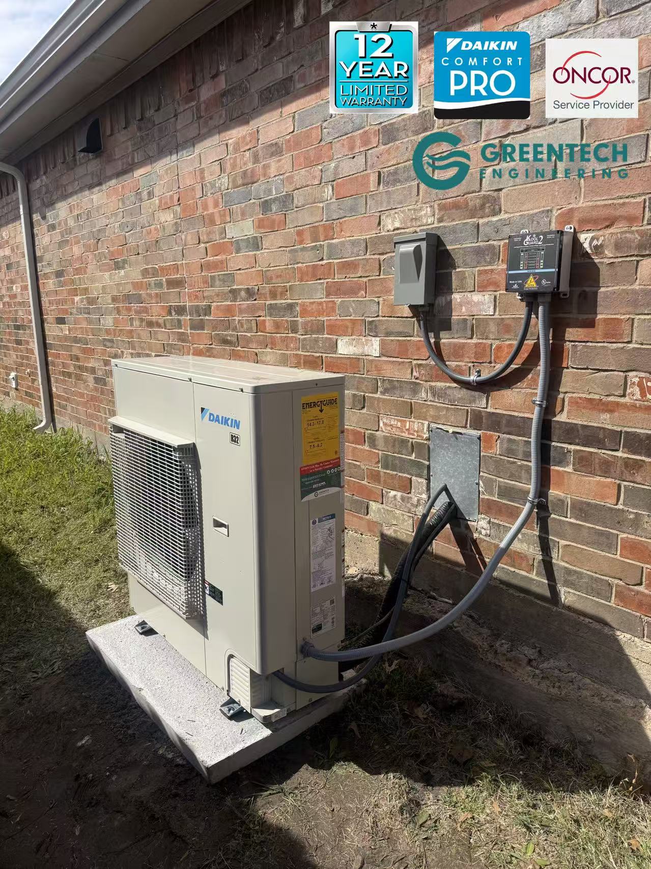 Fully installed Daikin FIT heat pump system with 12-Year Limited Warranty, Daikin Comfort Pro, and Oncor Service Provider trust badges displayed.