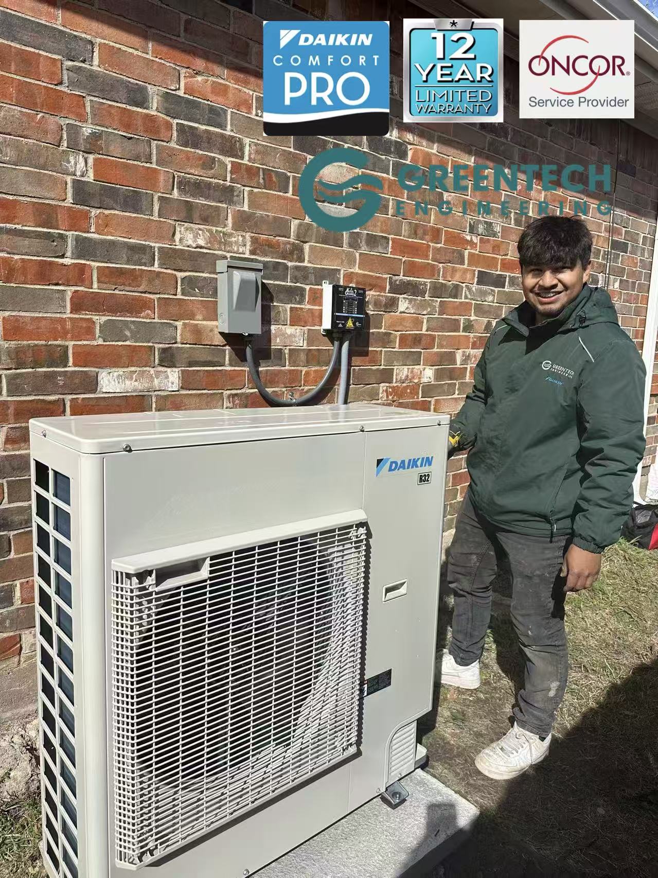Smiling Greentech Engineering technician standing next to a slim, newly installed Daikin FIT variable speed heat pump in Allen, Texas.