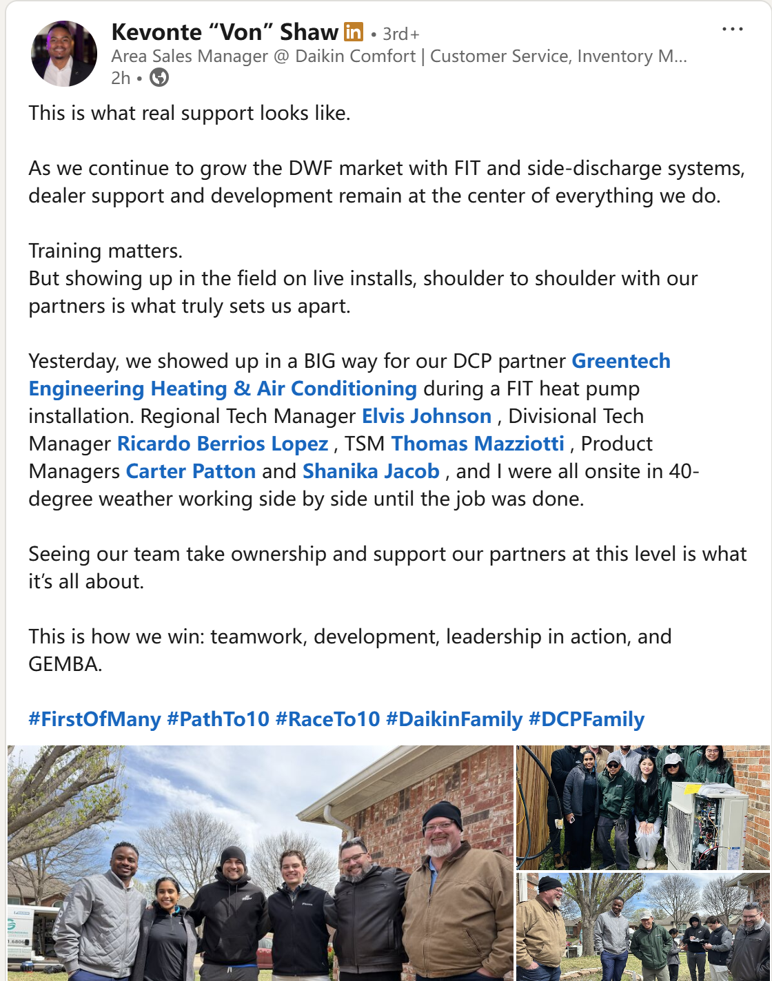 Screenshot of a LinkedIn post from Daikin Area Sales Manager Kevonte Shaw praising Greentech Engineering and showing the Daikin corporate team supporting a live installation in the cold.