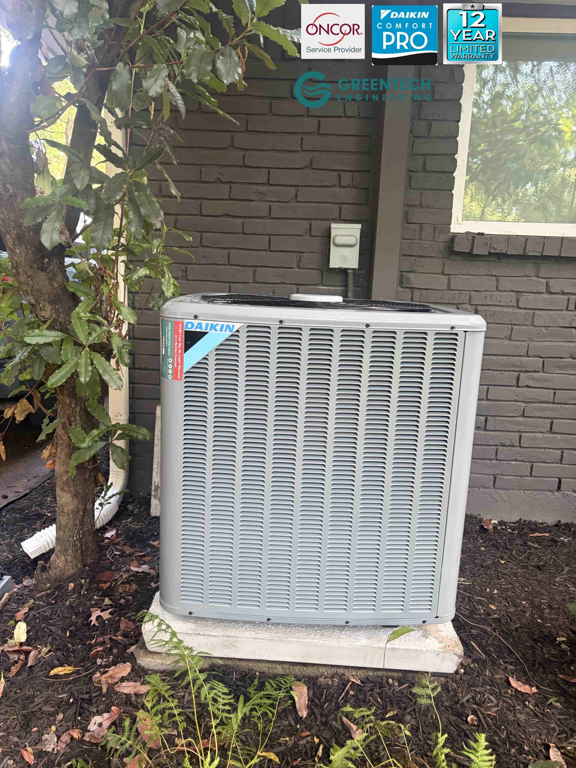 A brand new Daikin 24,000 BTU condenser installed on a level concrete pad next to a Dallas brick home, featuring a high-density foam sound blanket and Copeland CoreSense technology.