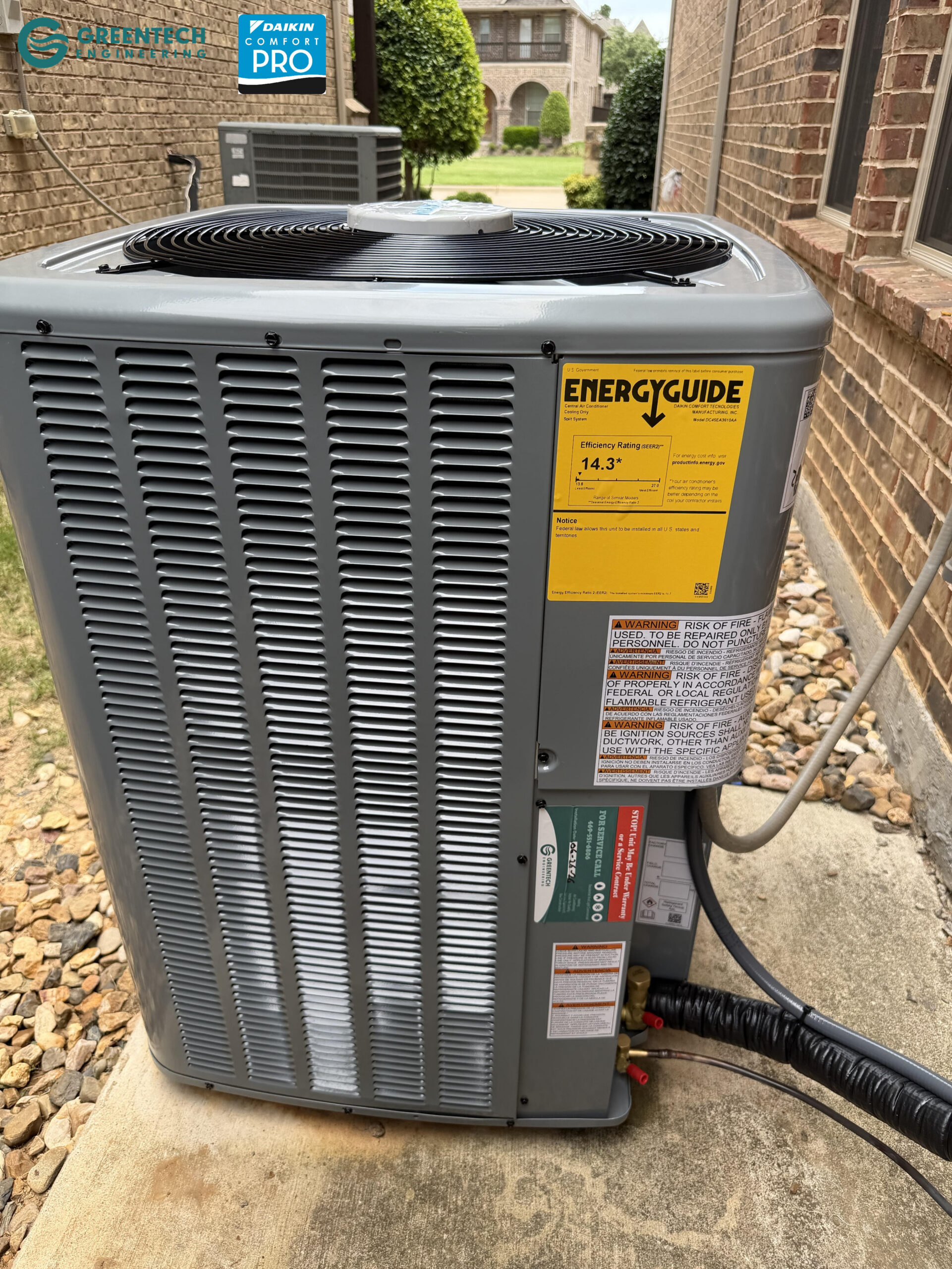 A pristine, energy-efficient Daikin 14.5 SEER2 air conditioning condenser installed on a leveled pad in Dallas, TX.