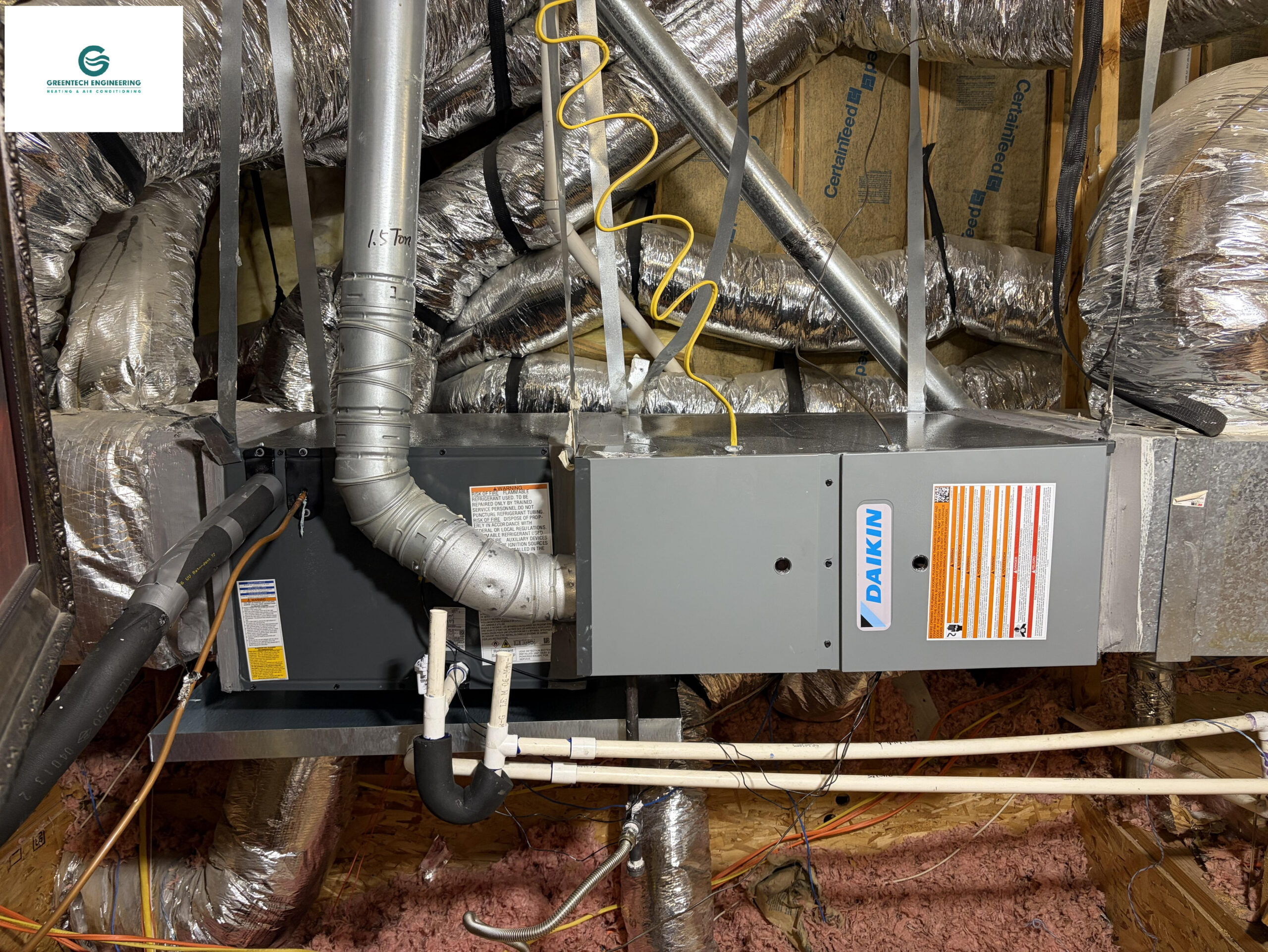 The new Daikin indoor furnace and evaporator-coil assembly after installation, duct-transition work, drainage updates, and commissioning.