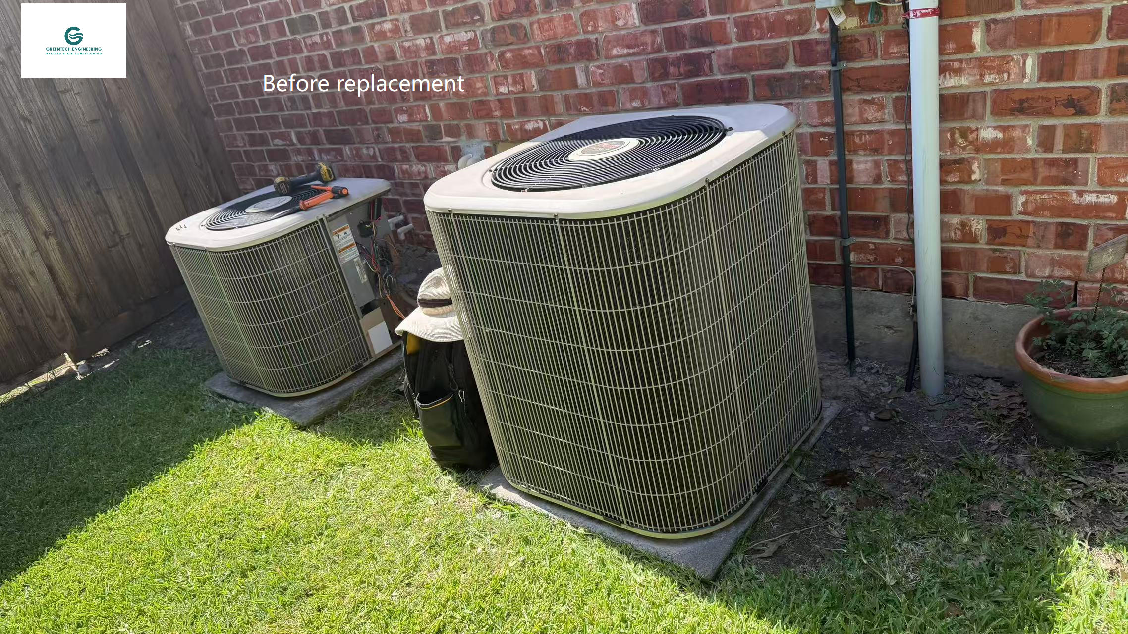 The home’s aging outdoor HVAC equipment before the dual-system replacement.