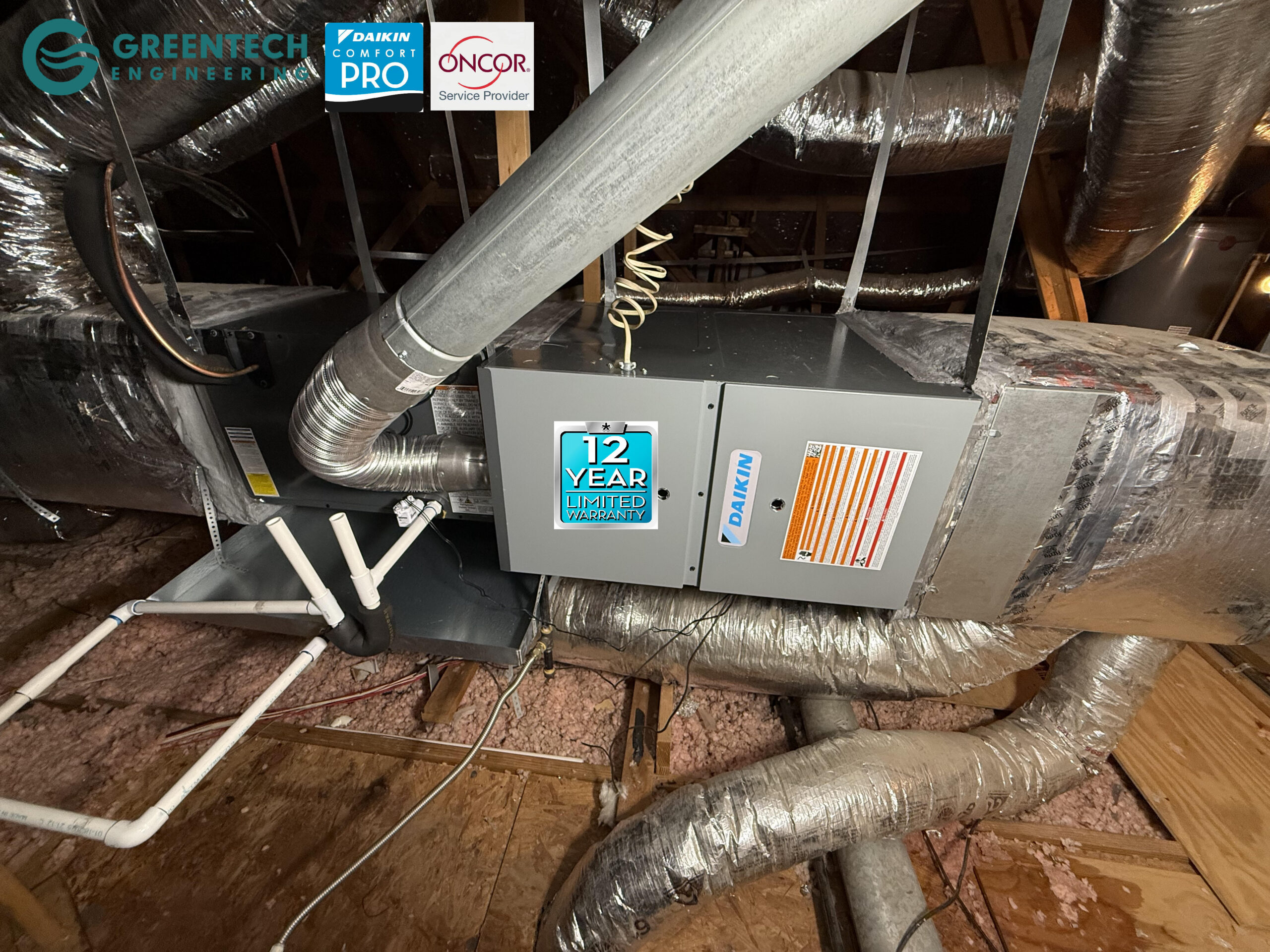 A brand new, highly efficient Daikin gas furnace and cased evaporator coil suspended in a Dallas attic, featuring perfectly sealed duct connections and a Safe-T drain switch.